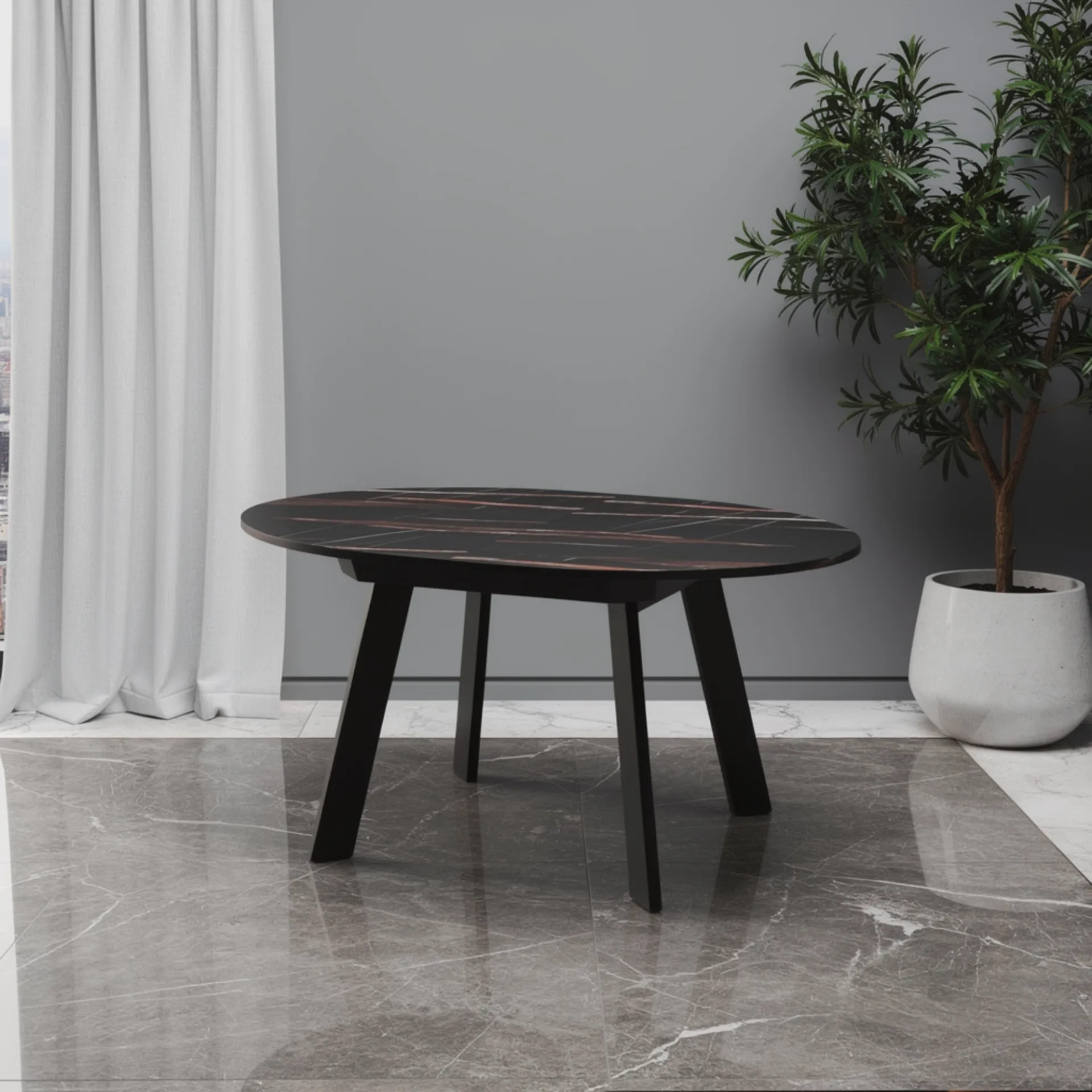 Tavolo Tirana ovale Tecnolegno con piano effetto marmo scuro su pavimento in marmo