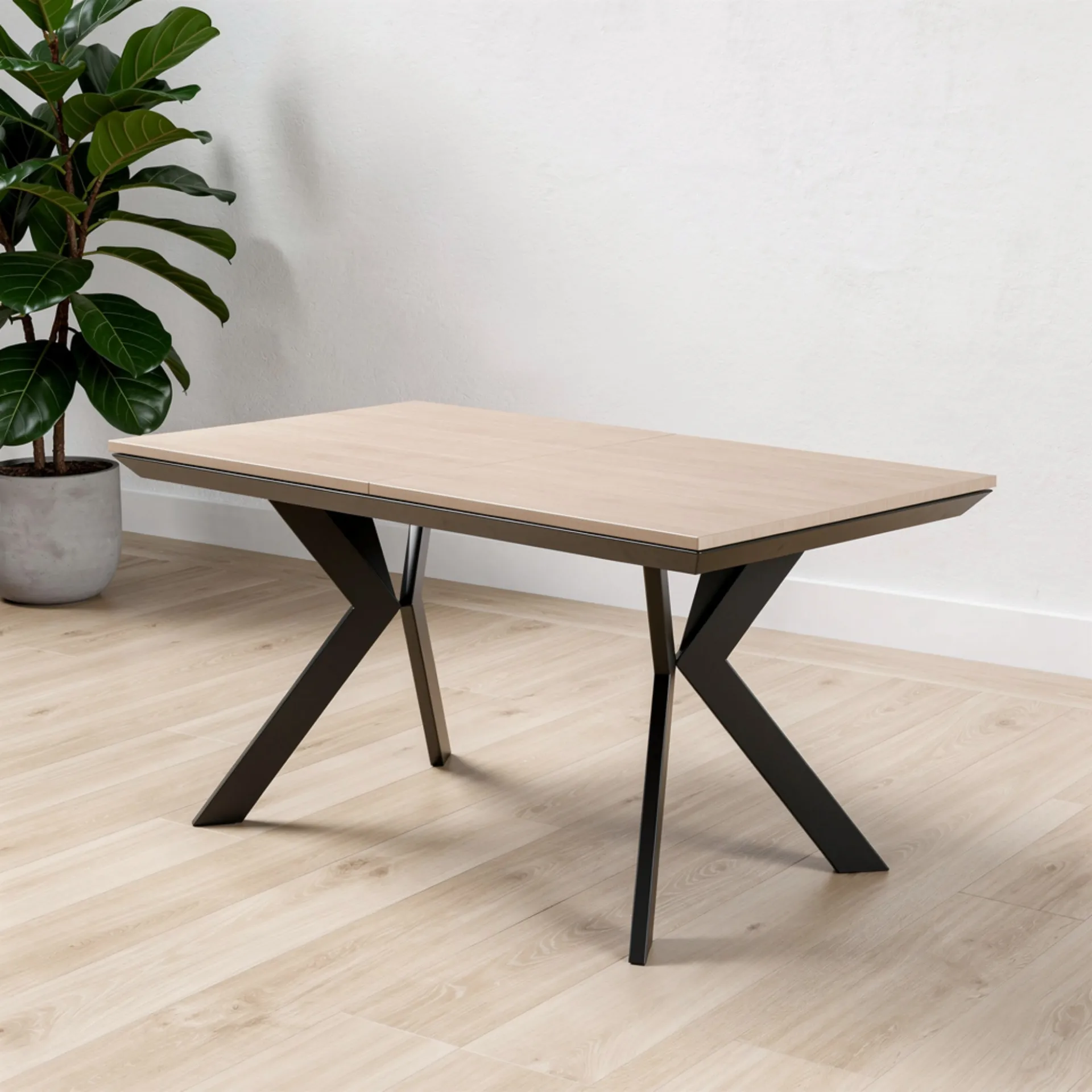 Tavolo allungabile Togo Tecnolegno con piano effetto rovere chiaro e gambe a X nere