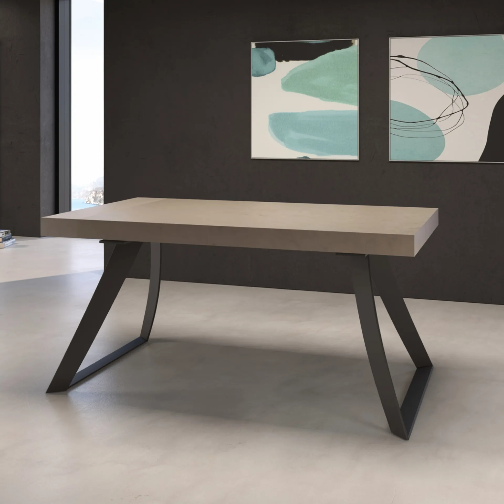 Tavolo allungabile Valencia Tecnolegno con piano color corda e gambe a trapezio nere