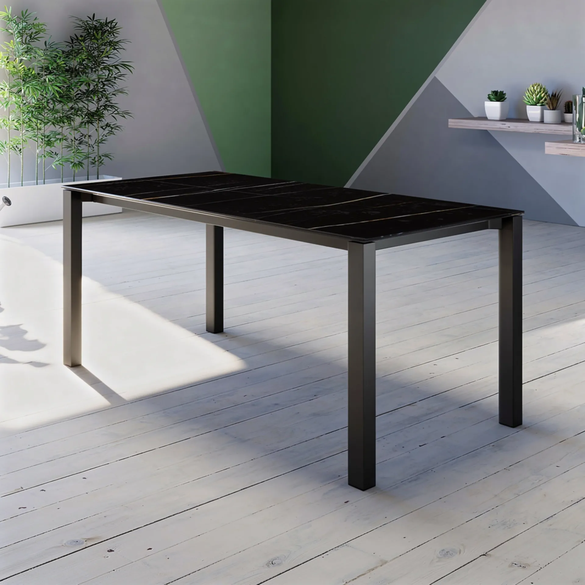 Tavolo Viareggio Tecnolegno con piano nero venato e gambe grigio scuro
