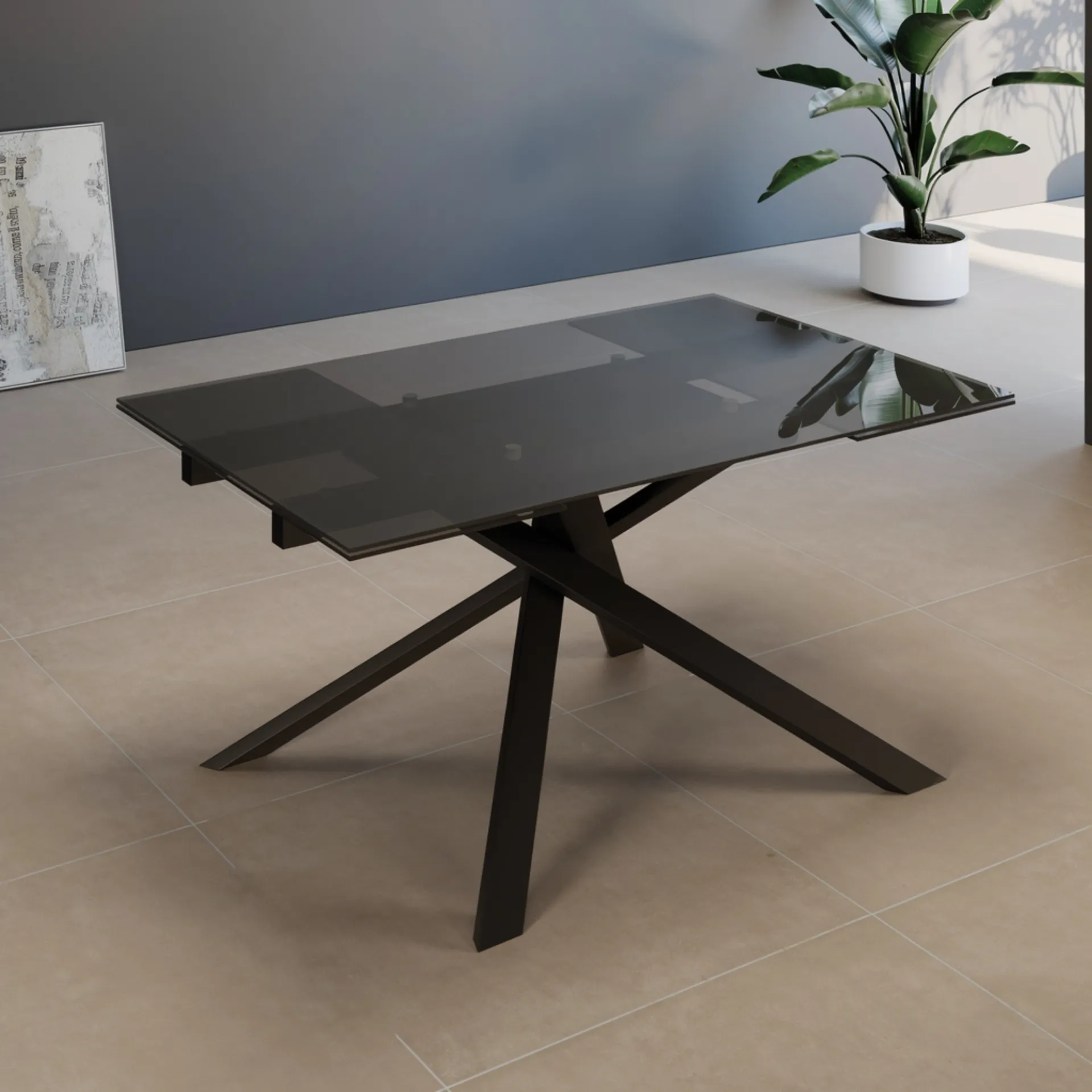 Tavolo allungabile Vienna Tecnolegno con piano in vetro fumé e basamento nero intrecciato