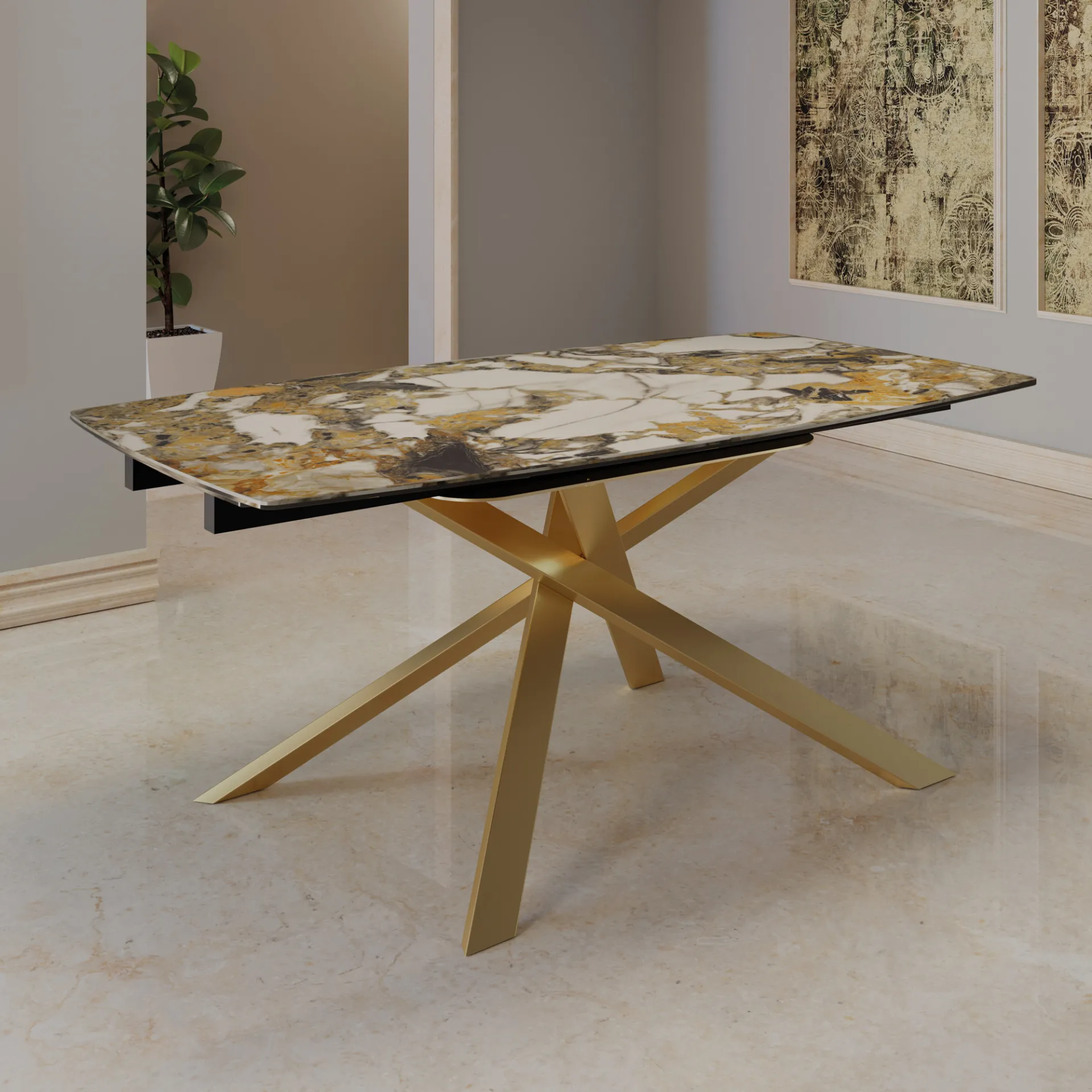 Tavolo Vienna botte Tecnolegno con piano in ceramica decorata e basamento oro