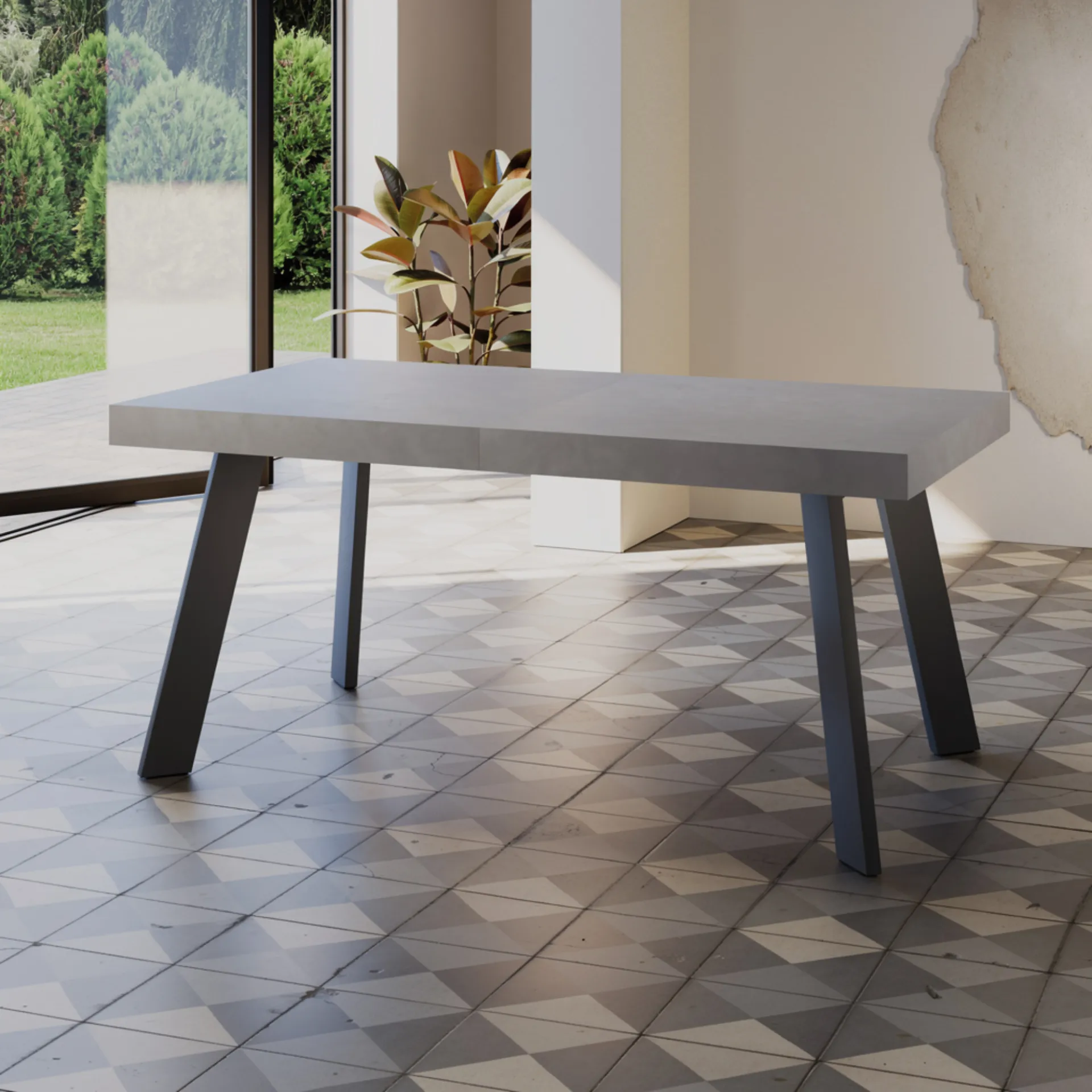 Tavolo allungabile Vieste Tecnolegno con piano effetto cemento grigio e gambe nere