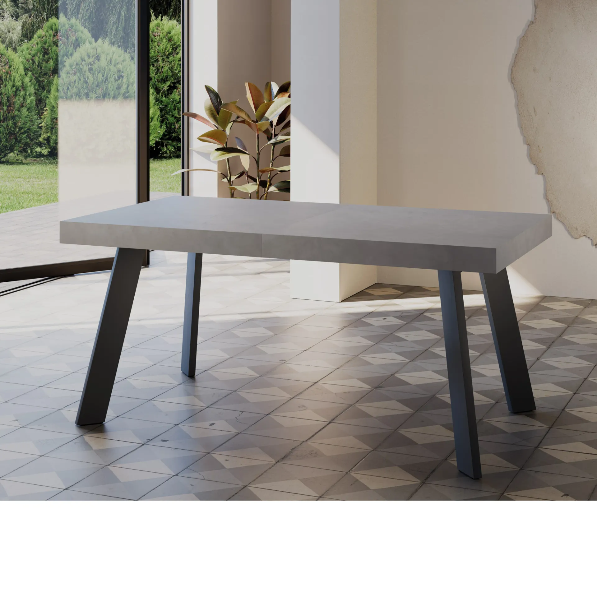 Tavolo Vieste Tecnolegno antracite con piano cemento grigio su pavimento a disegni