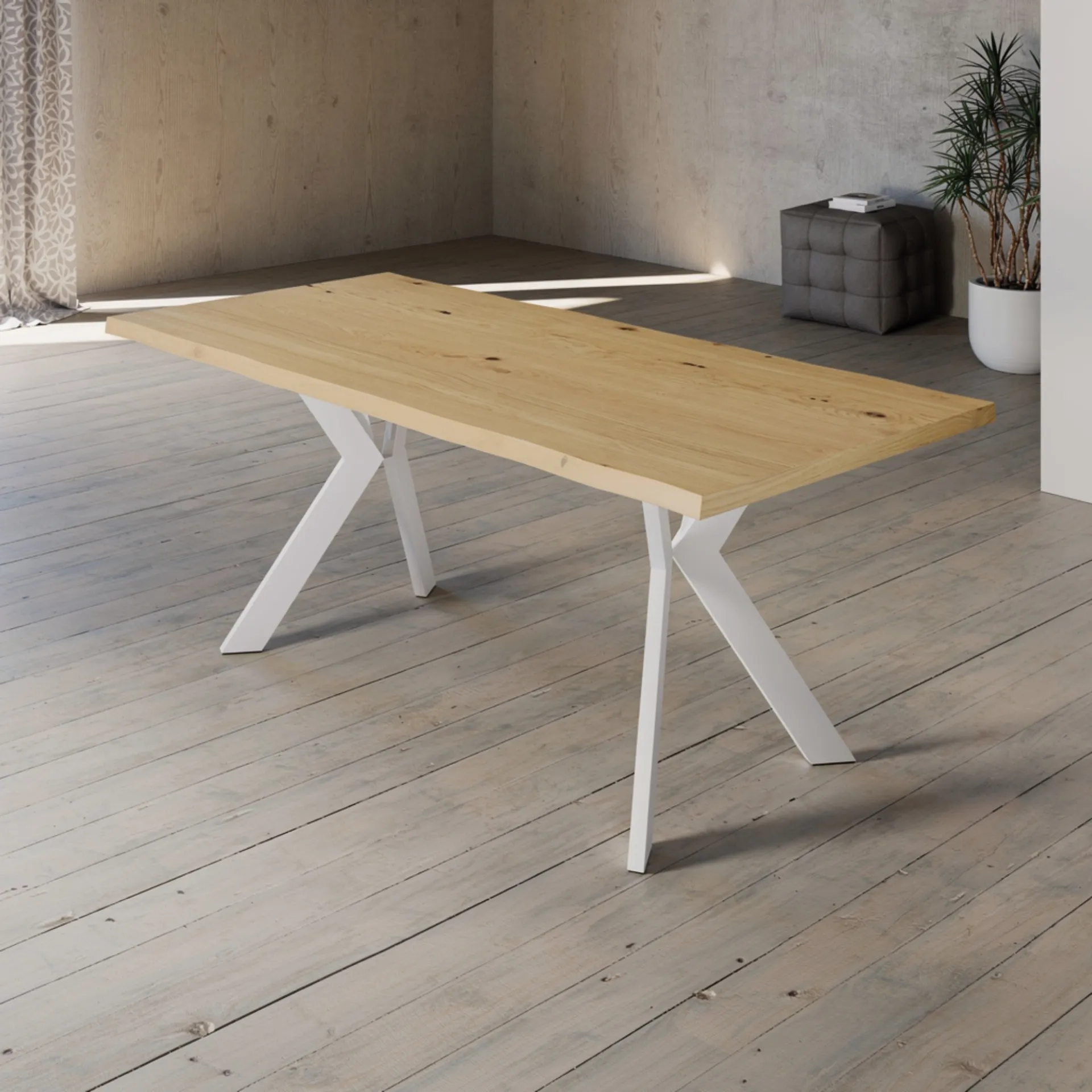 Tavolo allungabile Volterra Tecnolegno con piano effetto rovere nodato e gambe bianche a X