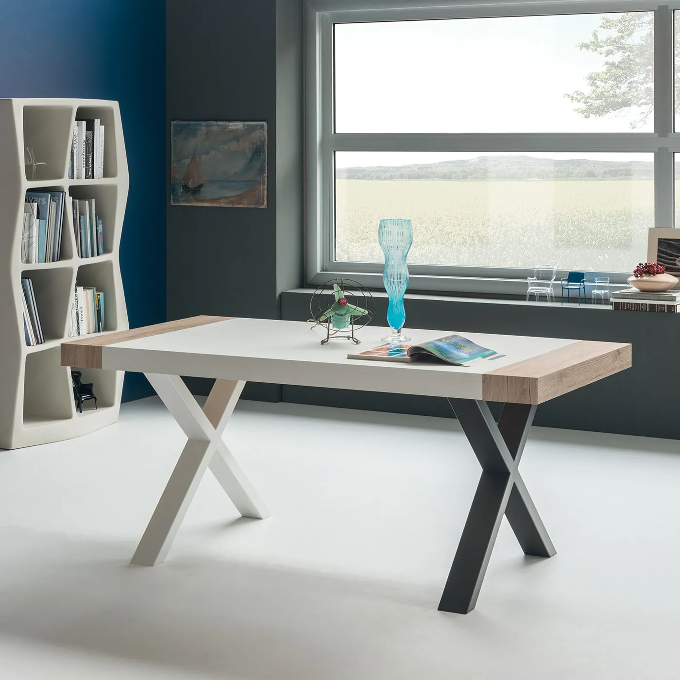 Tavolo Zagabria Tecnolegno con piano chiaro e gambe a X bianche e nere