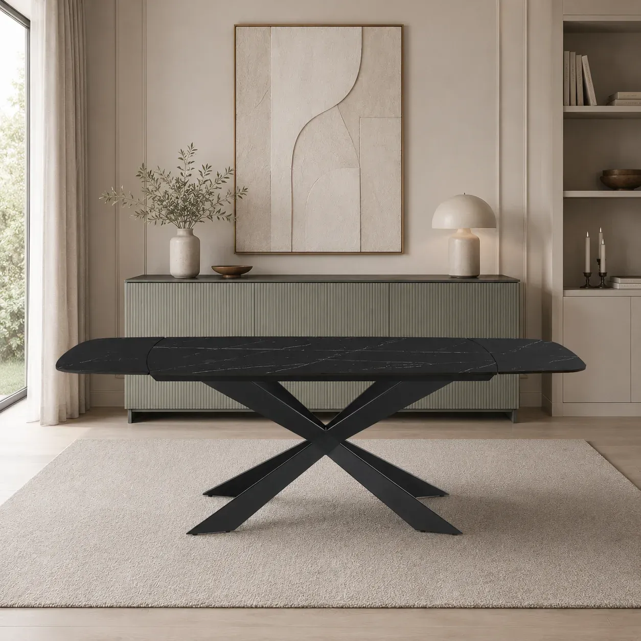Tavolo Gemy Black Marble Tomasucci con piano in ceramica nera e base a X