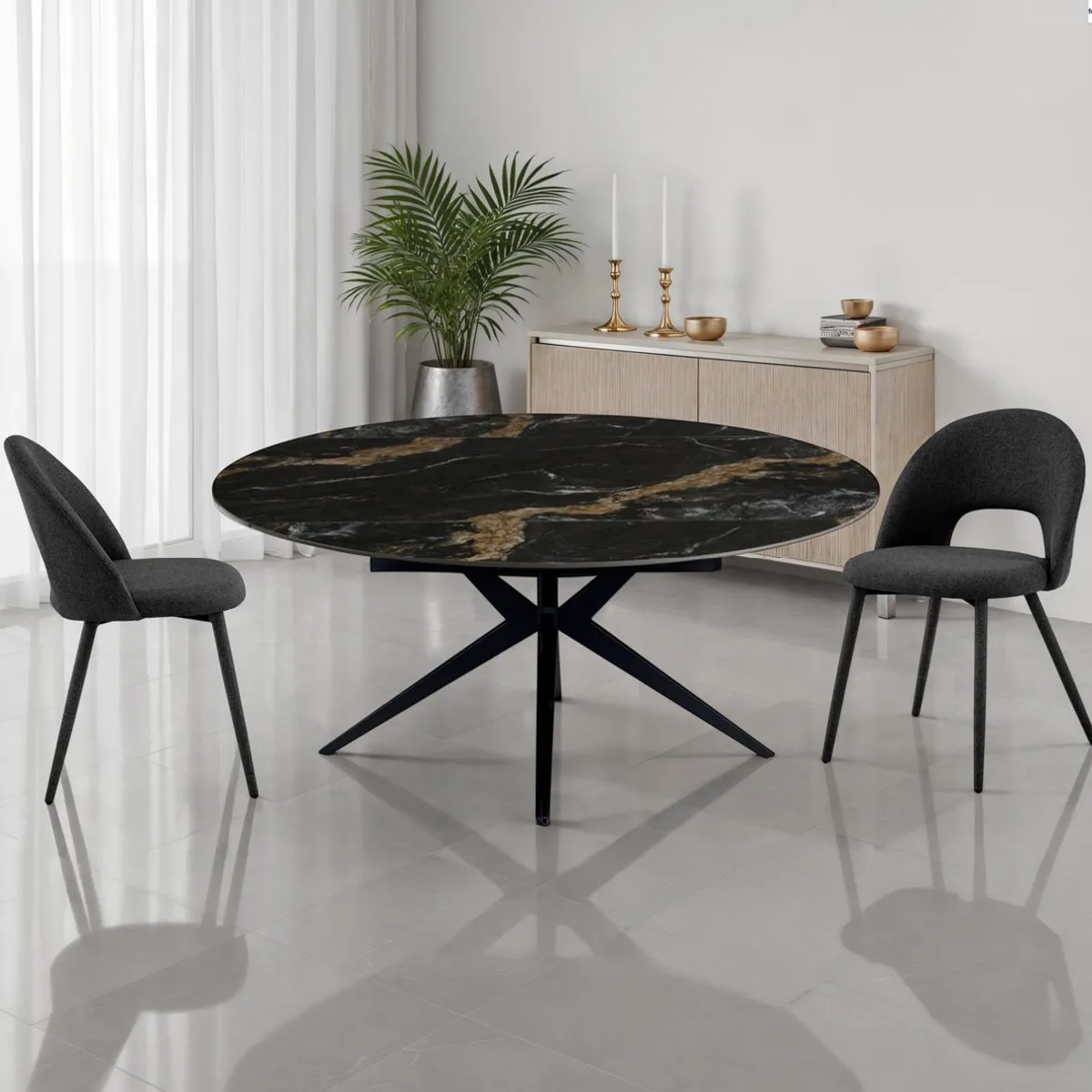 Tavolo rotondo Fact Black Marble Tomasucci in ceramica nera venata