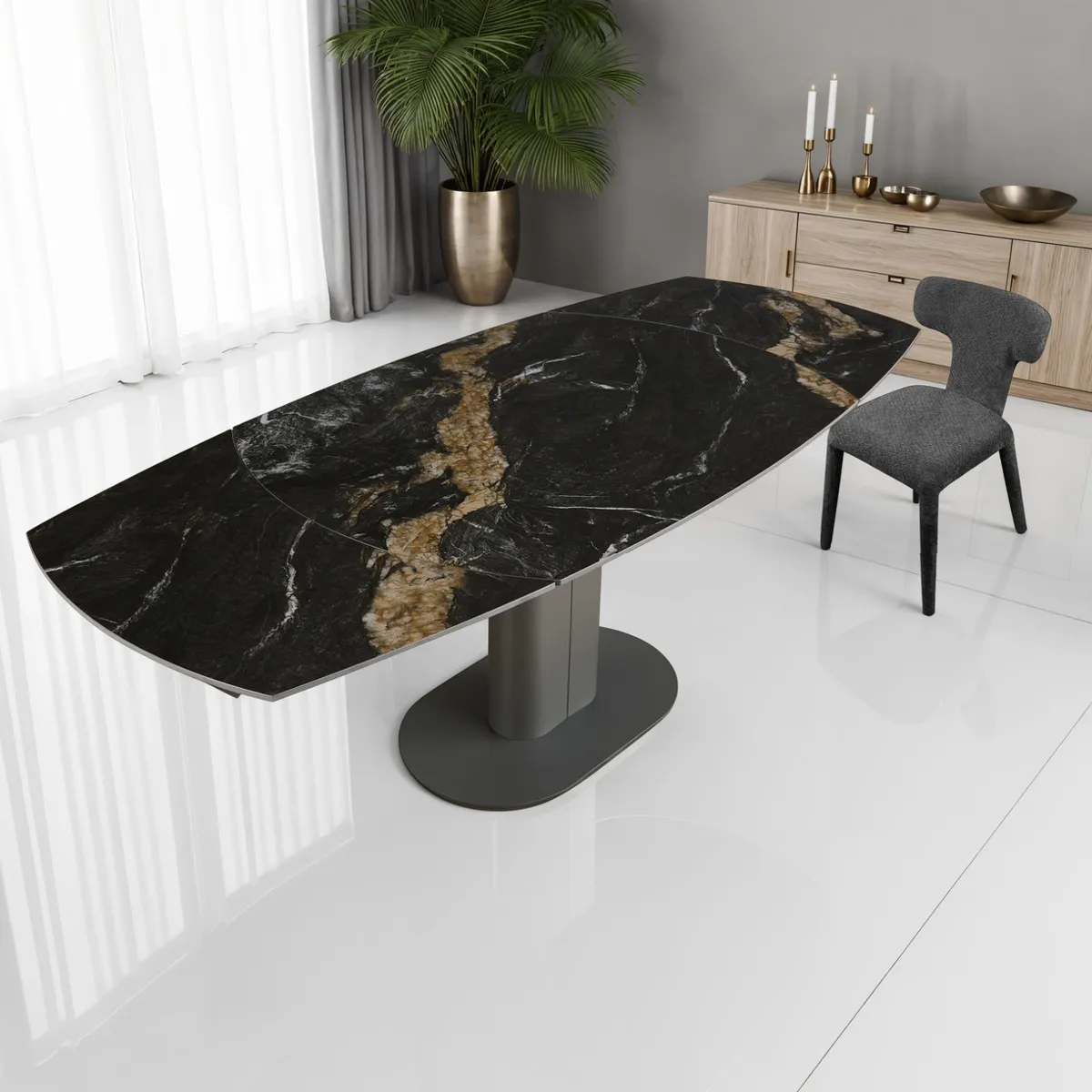 Tavolo allungabile Fyrm Tomasucci in ceramica nera con base centrale
