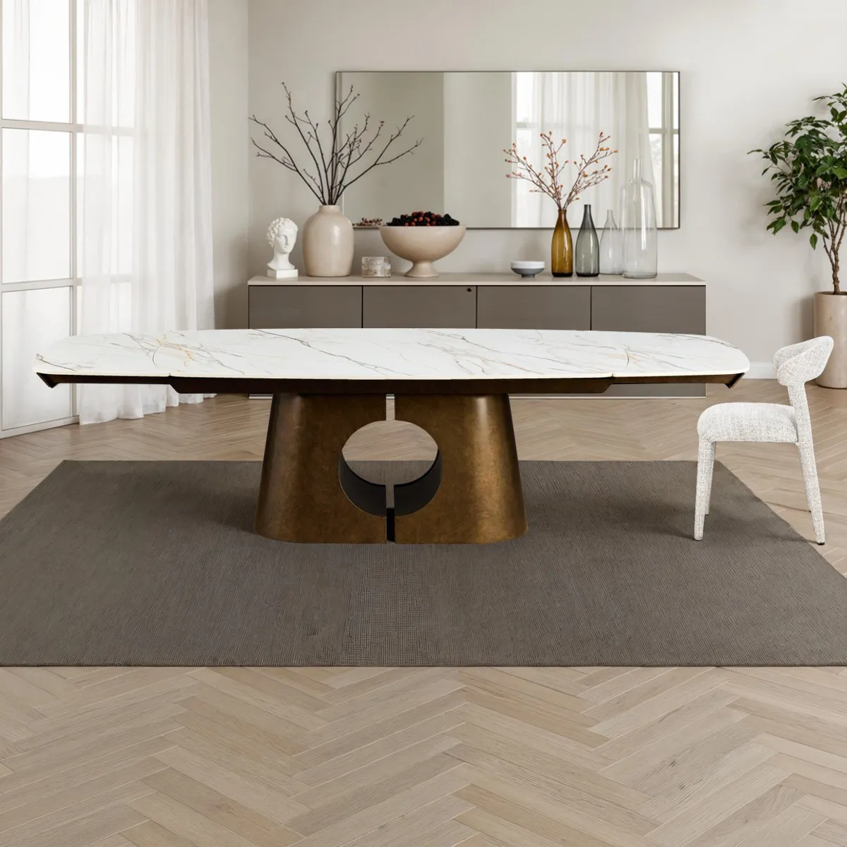 Tavolo allungabile Yatta Tomasucci in ceramica onice con base rame