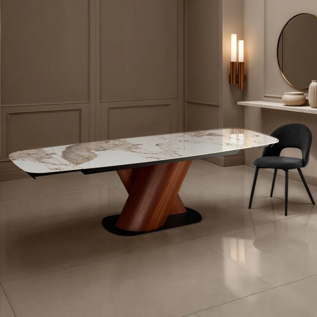 Tavolo Jan Onice Marble Tomasucci con base in finitura noce