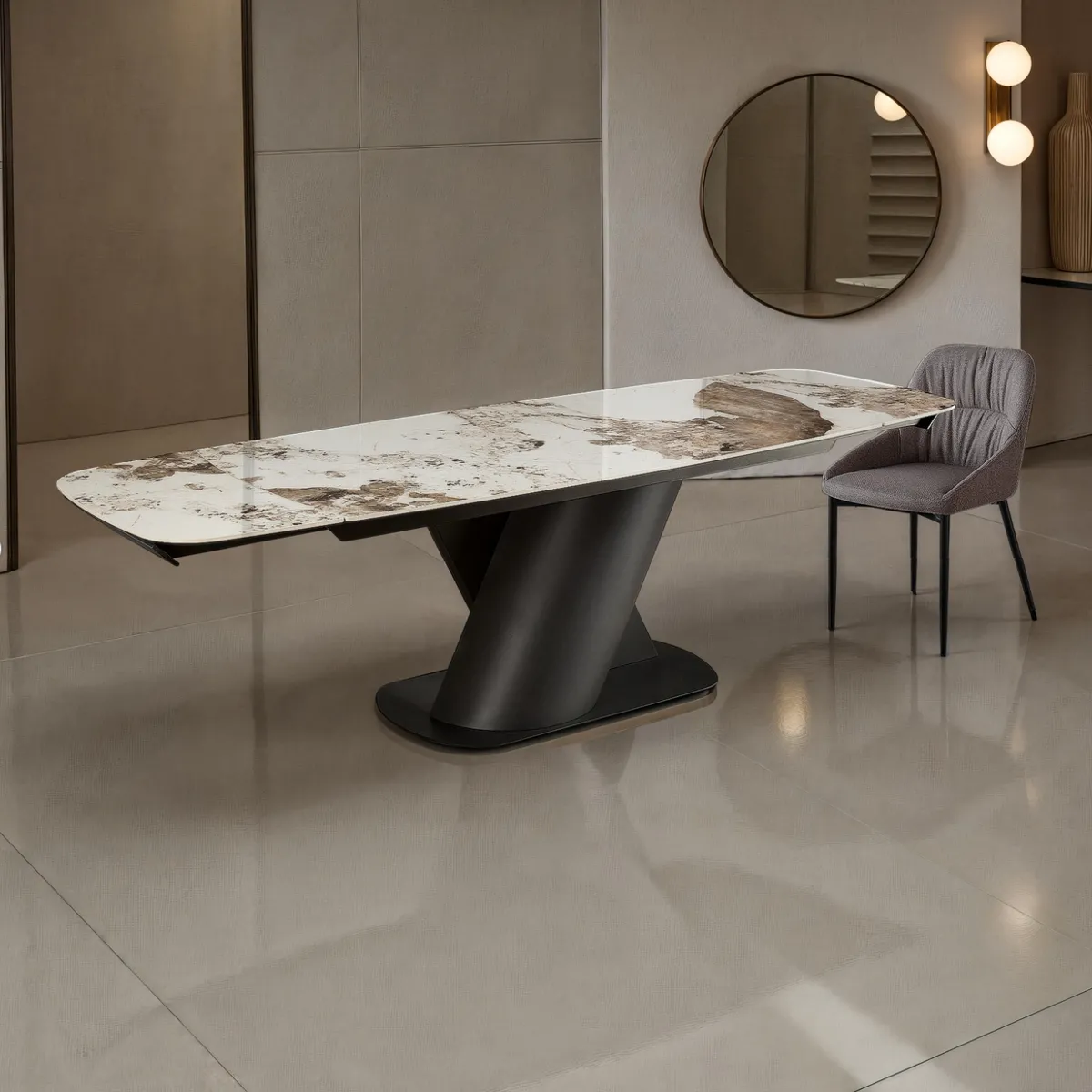 Tavolo Jan Tomasucci in ceramica onice con base grigia