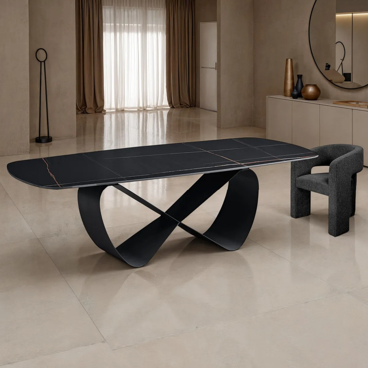 Tavolo Infinity Black Marble Tomasucci con base curva nera