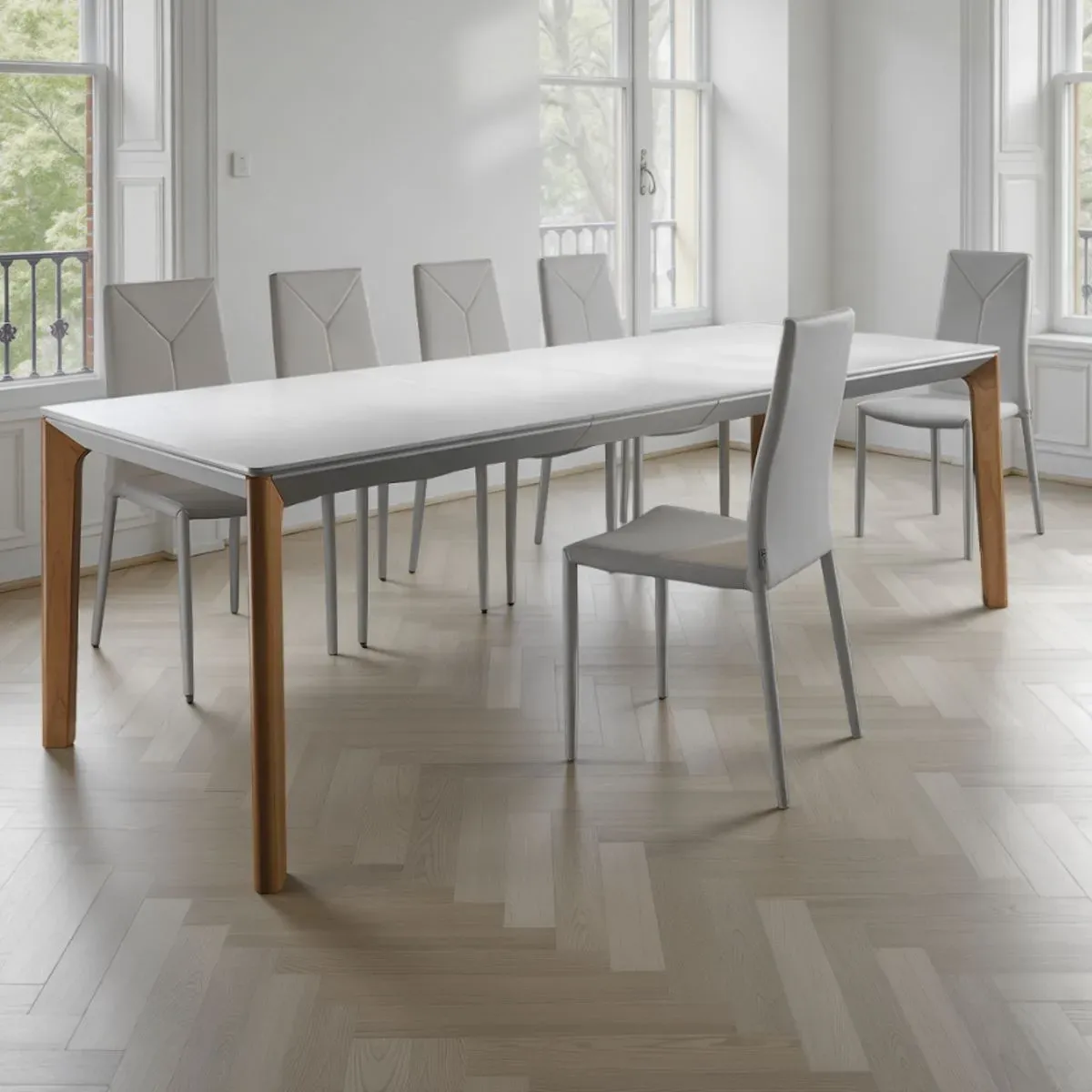 Tavolo allungabile Varm Tomasucci bianco e rovere in sala da pranzo