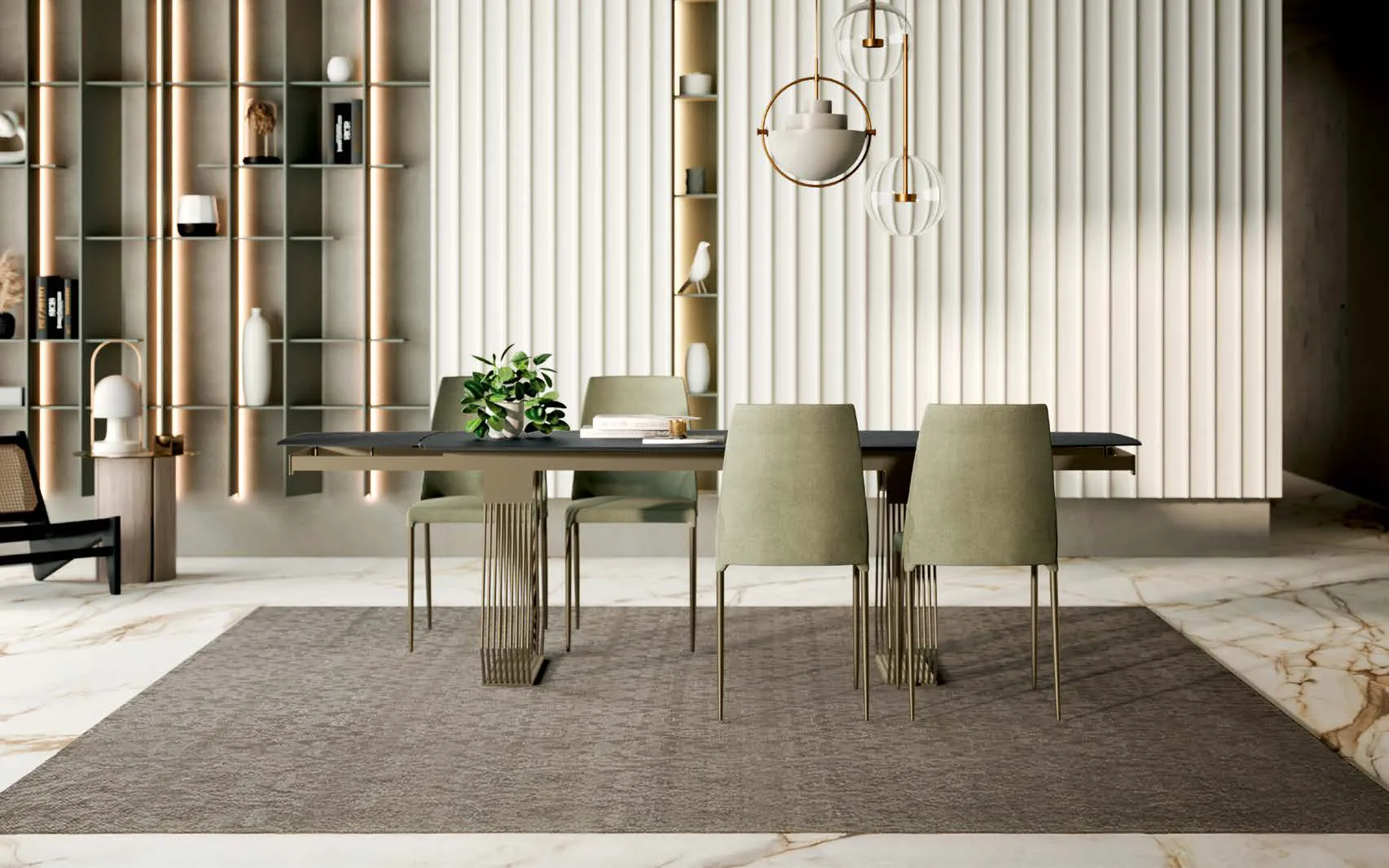 Tavolo Gateway Zamagna con base bronzo in una sala con parete a doghe