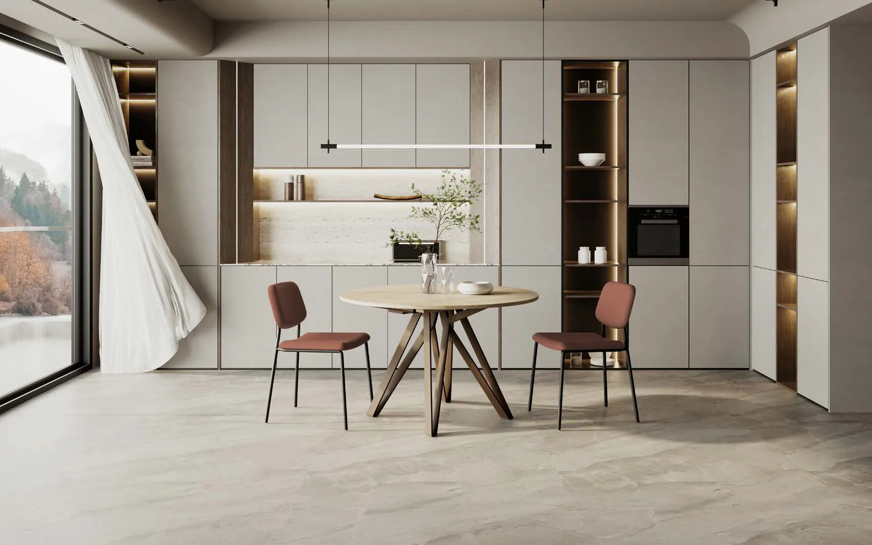 Tavolo Apple Zamagna rotondo in rovere in una cucina bianca