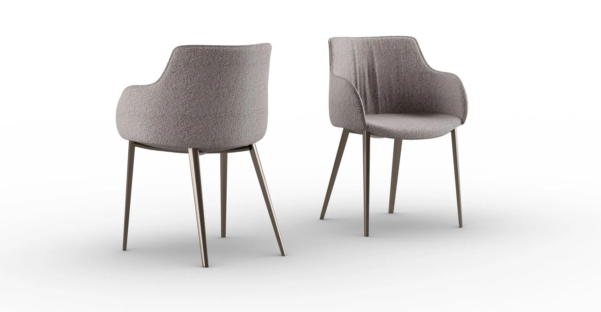 Due sedie Queen Zamagna con rivestimento grigio e gambe bronzo su fondo bianco