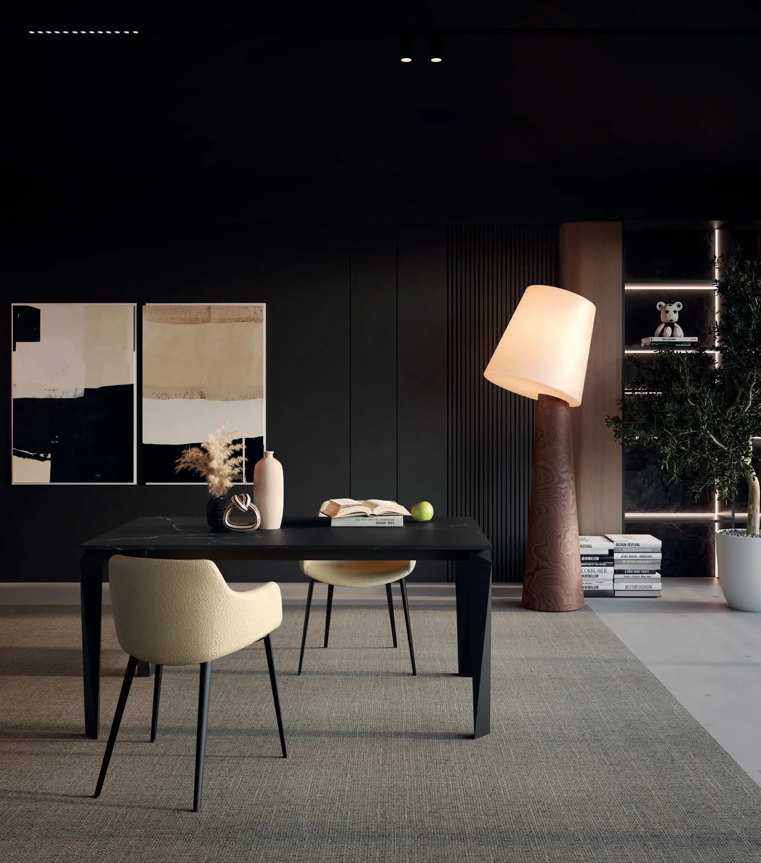 Poltroncina Duke B Zamagna color crema in una sala da pranzo scura
