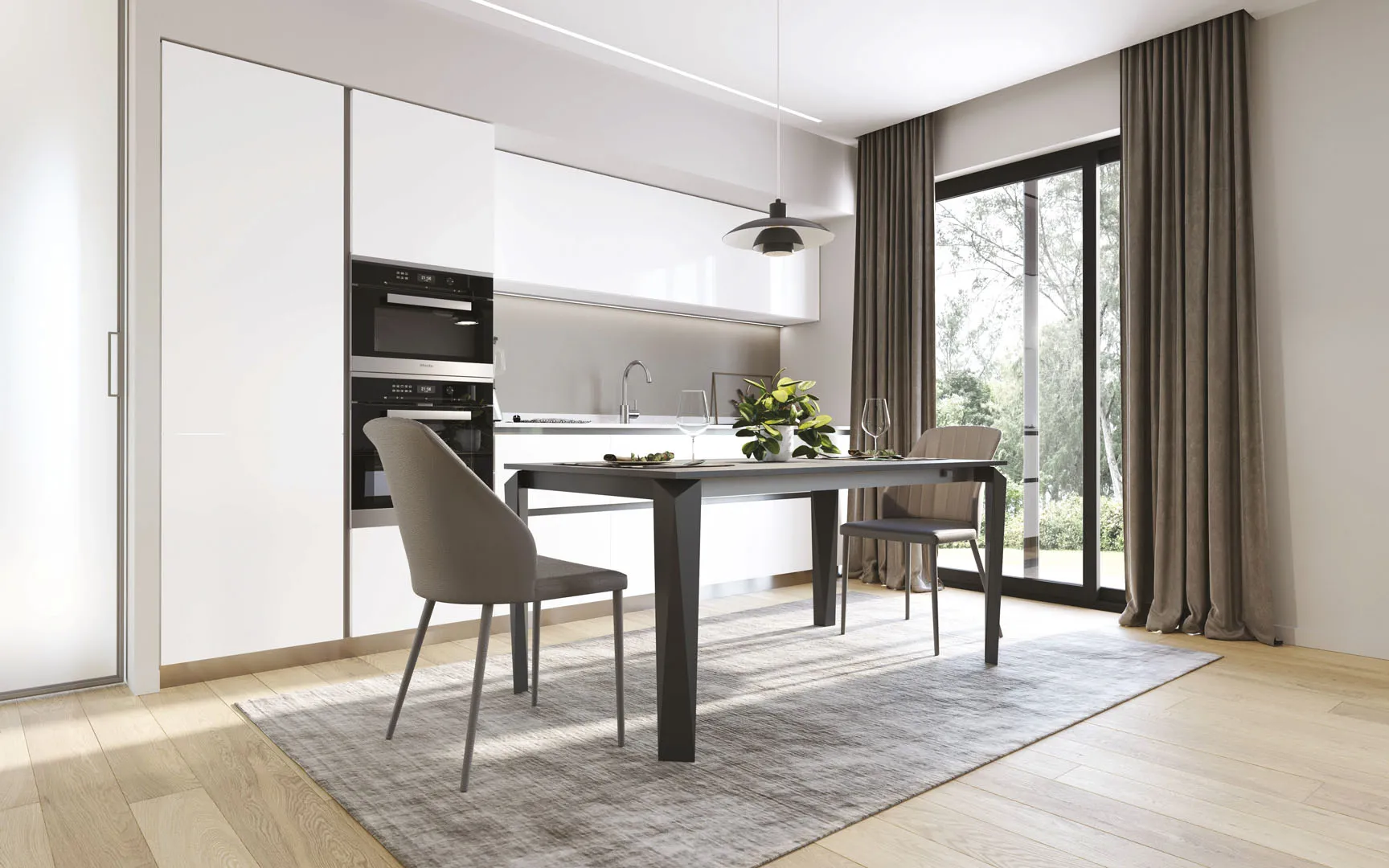 Sedia Brand Zamagna color tortora accanto a un tavolo Diamond scuro in cucina