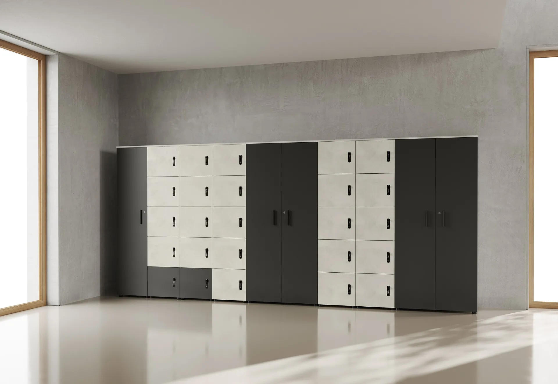 Lockers Colombini Offic'è bianchi e neri affiancati ad armadi alti