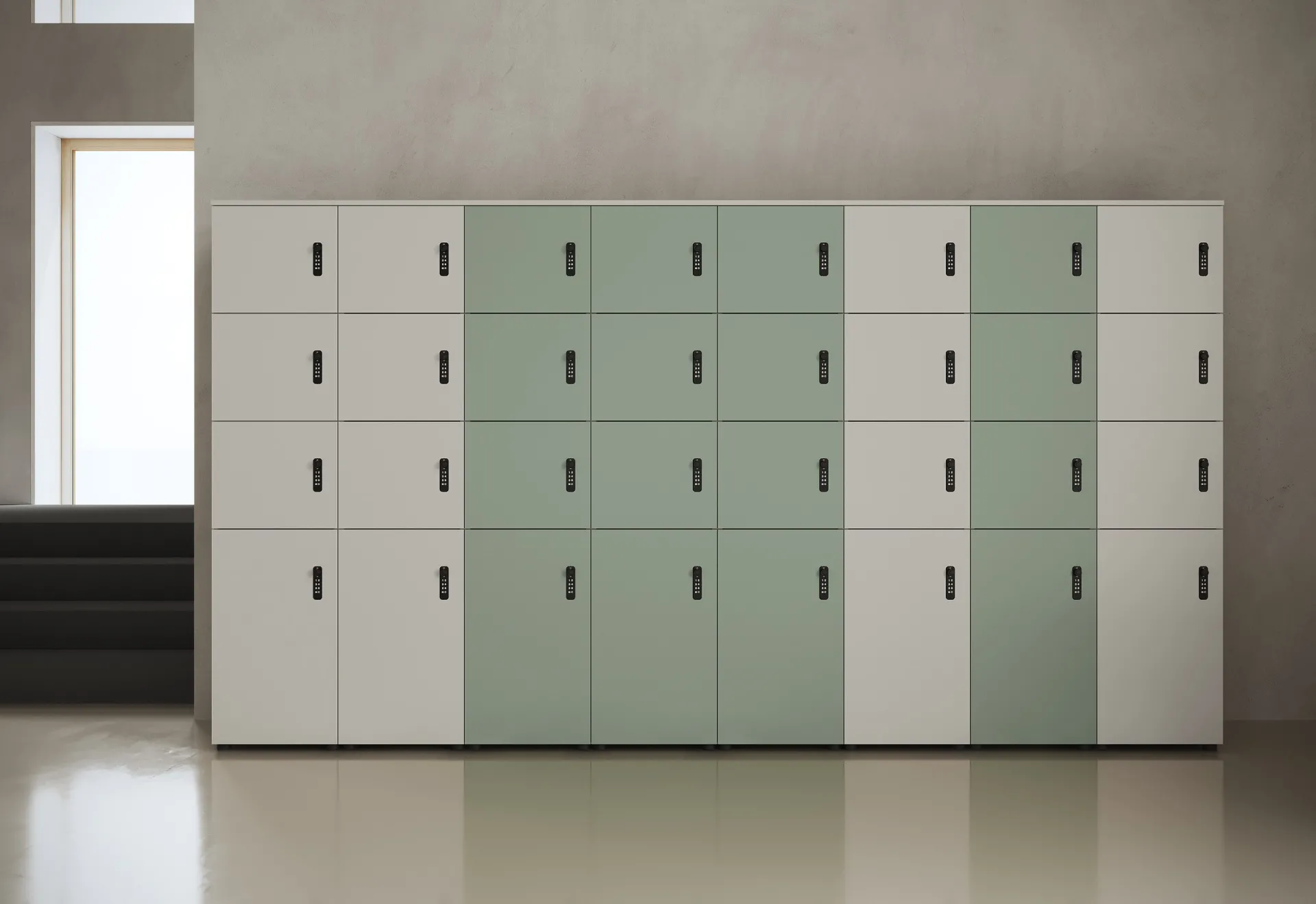 Parete di lockers Colombini Offic'è bianchi e verde salvia con serrature