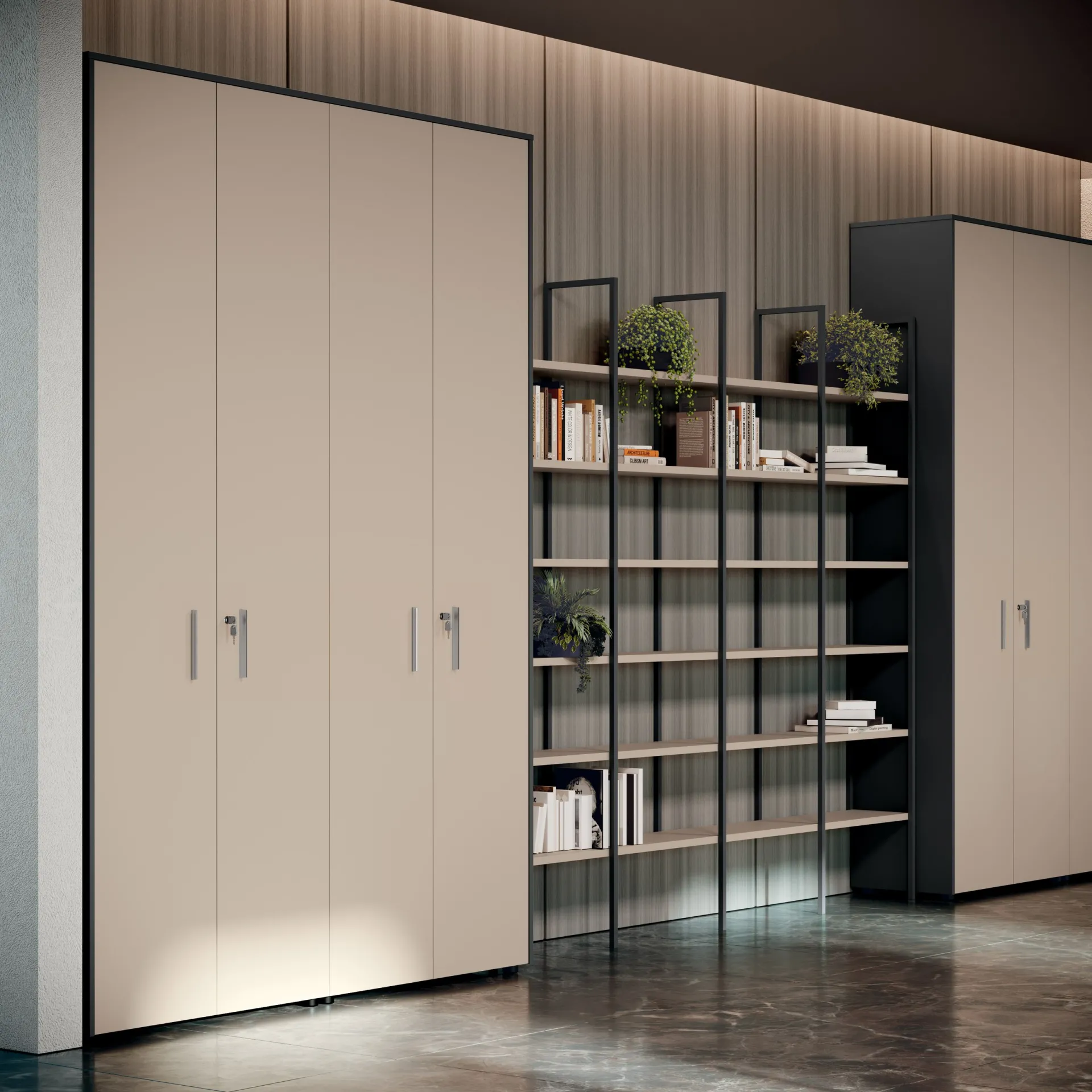 Libreria Up&Up Colombini Offic'è a montanti neri accanto ad armadi alti chiari