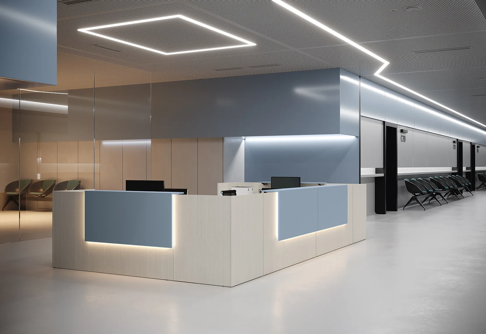 Reception Color Colombini Offic'è bianca e azzurra con luce alla base in una hall