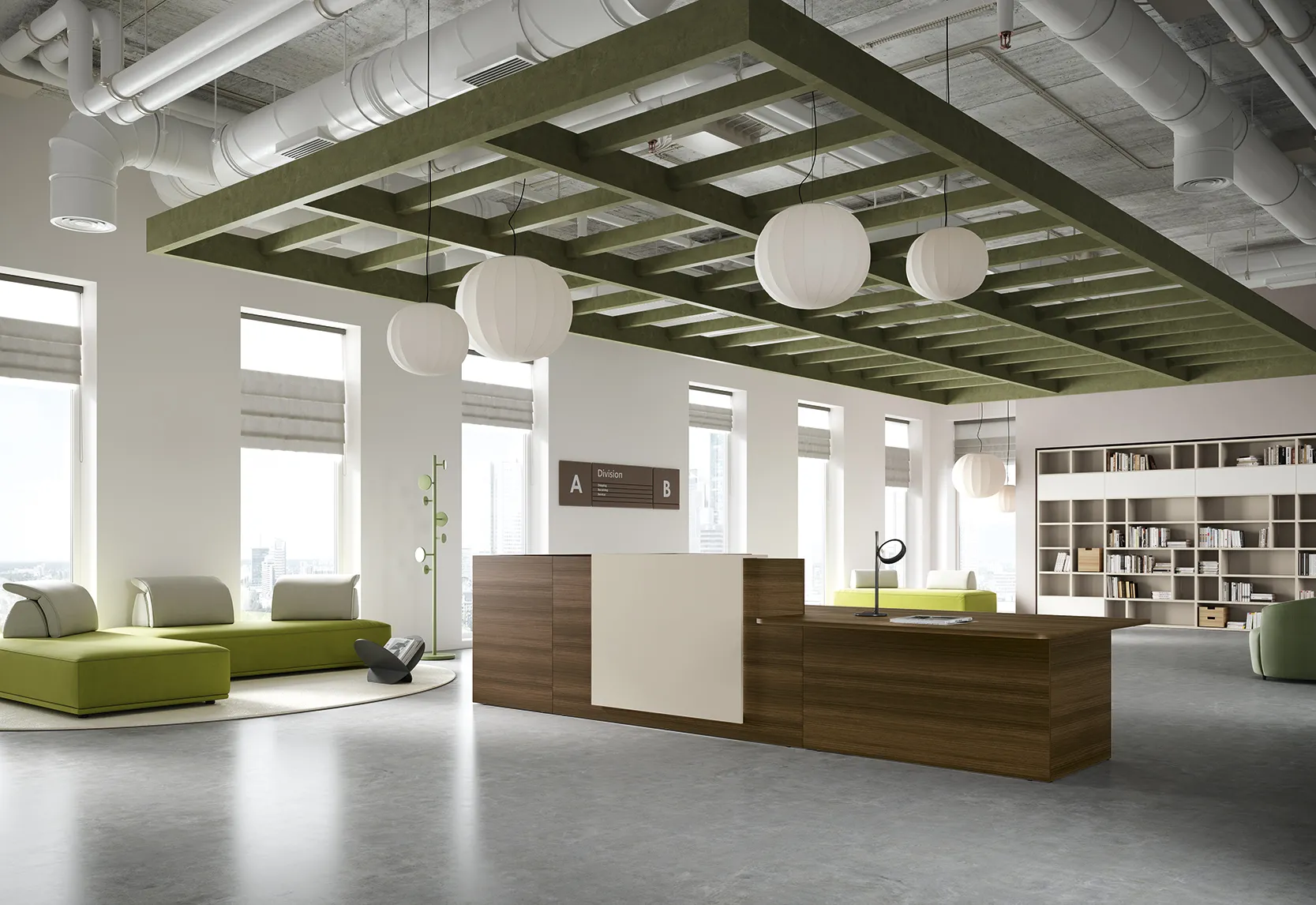Reception Color Colombini Offic'è in legno e bianco sotto un controsoffitto verde