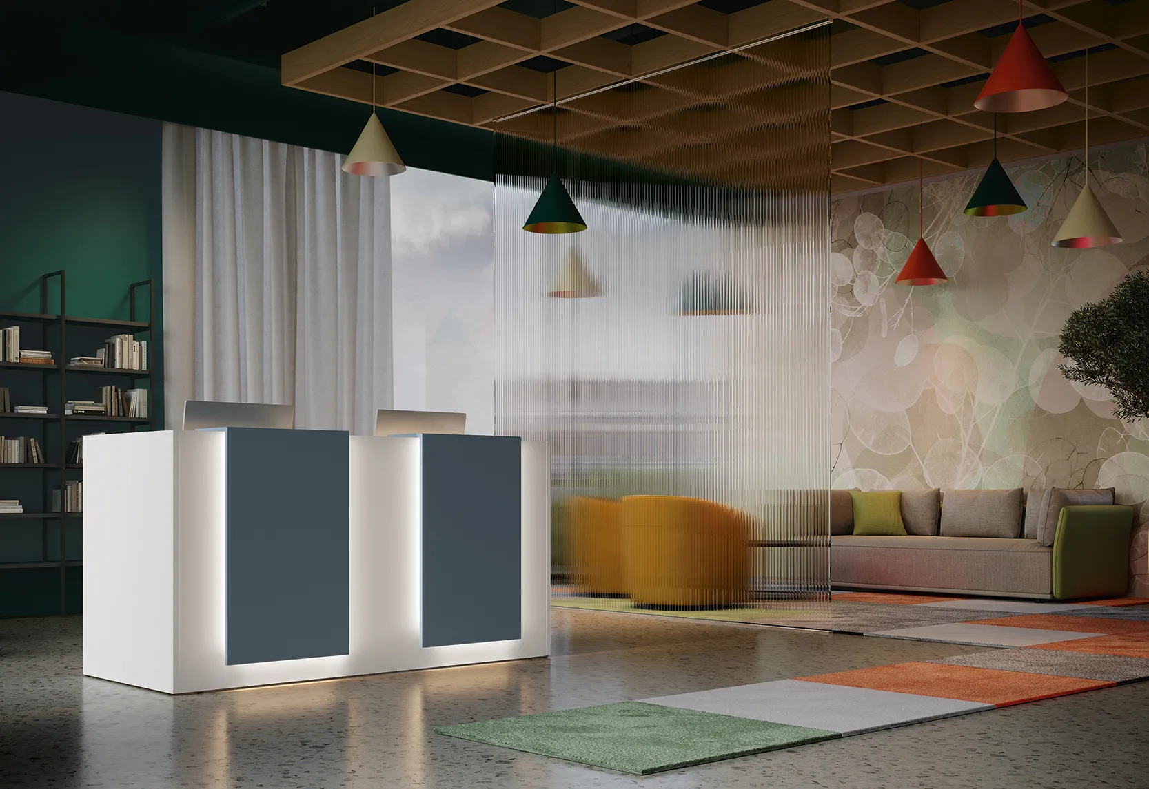 Bancone Color Colombini Offic'è bianco e blu in una sala d'attesa colorata