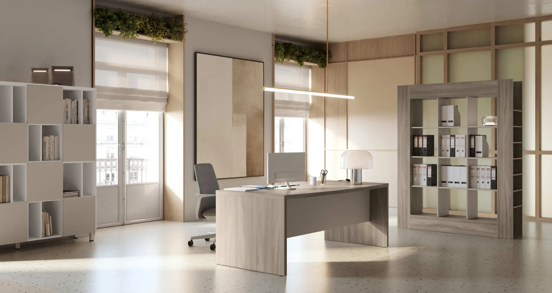 Ufficio direzionale Hub Compir con scrivania in legno, librerie a giorno e contenitori