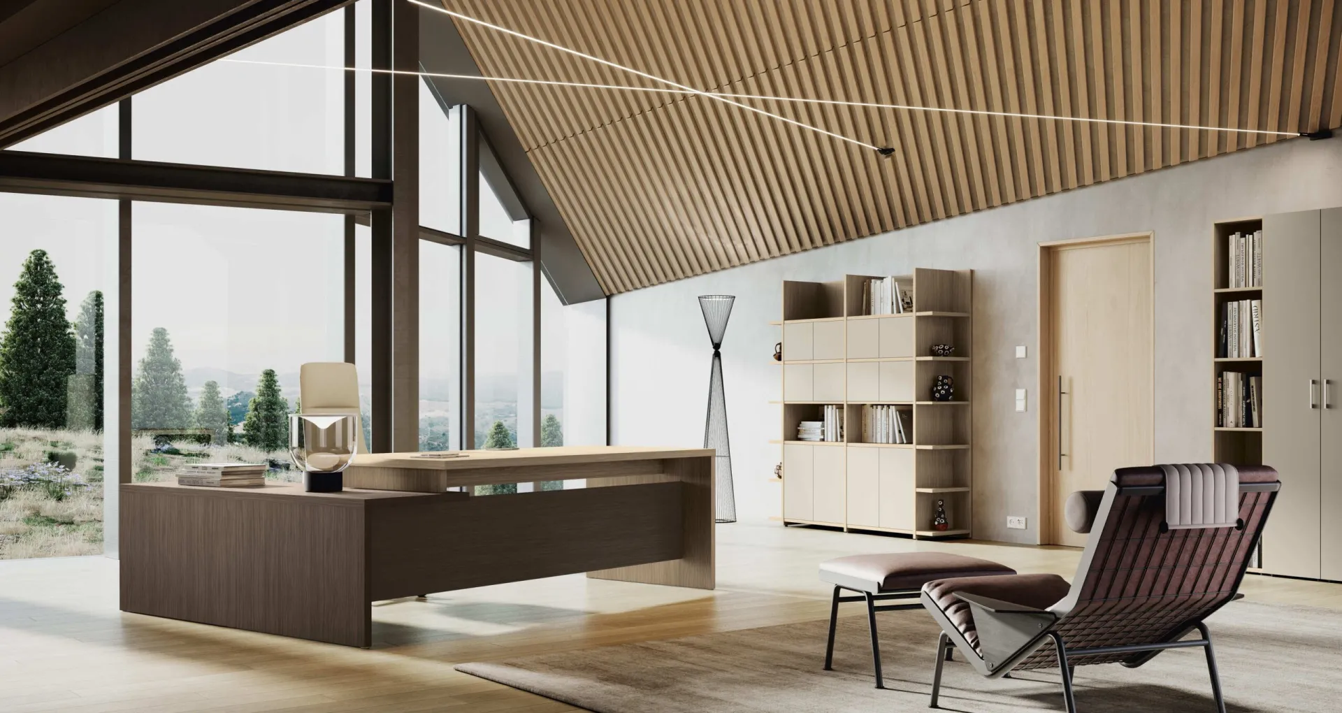 Scrivania direzionale Hub Compir in noce scuro con contenitori alti e area relax