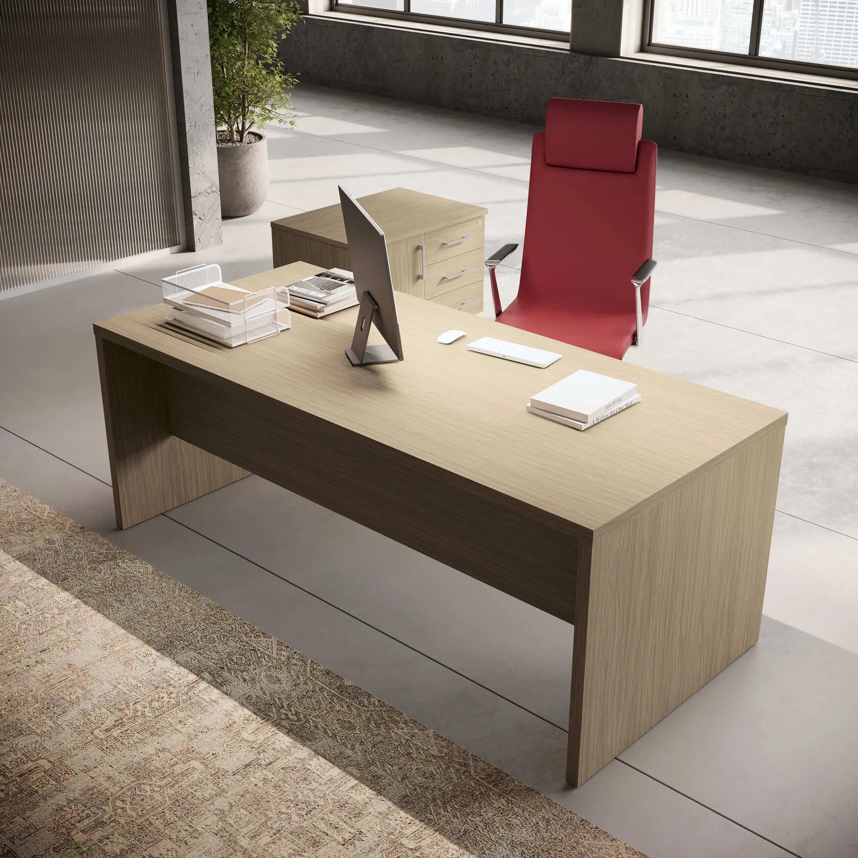 Dettaglio scrivania Hub Compir con fianchi pannellati e cassettiera