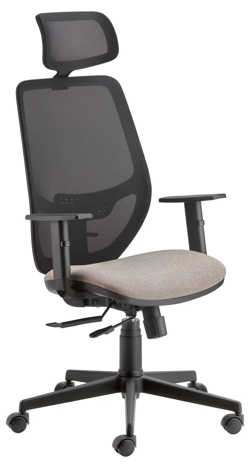 Sedia operativa Deep Compir con poggiatesta, schienale in rete nera e sedile beige