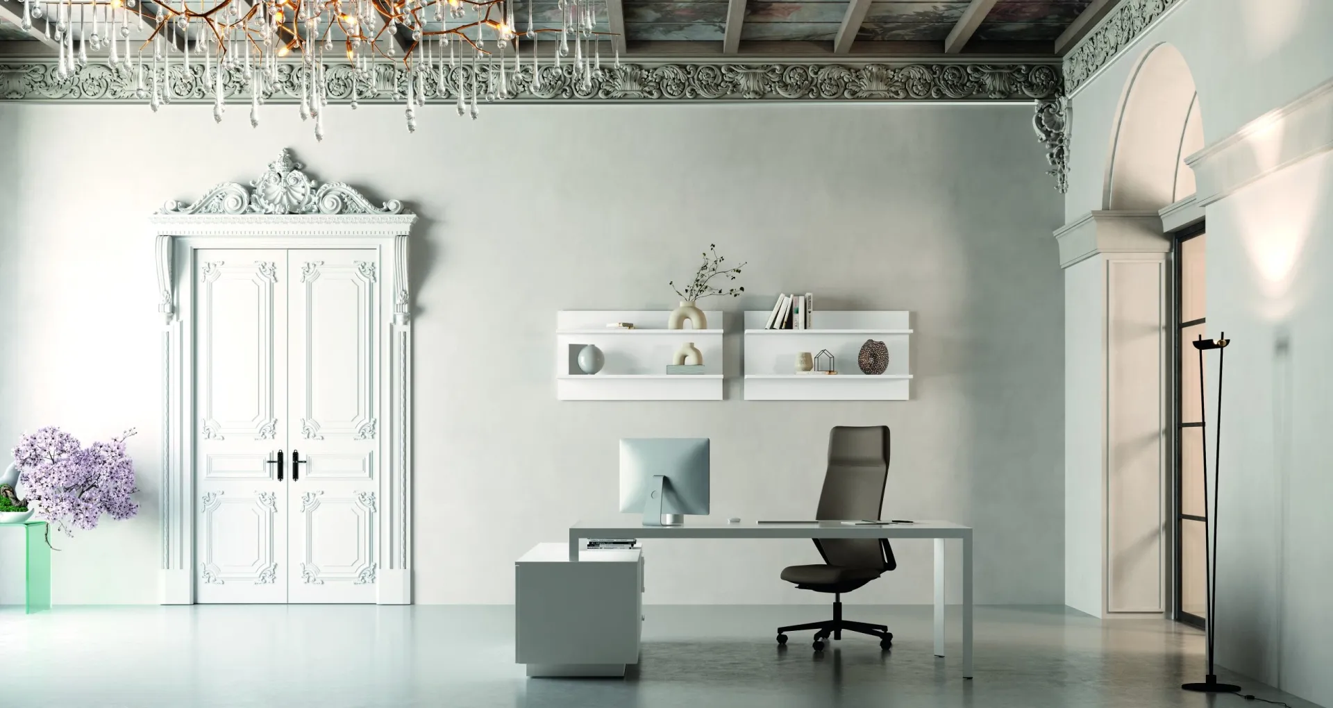 Ufficio direzionale Eos Compir bianco in un ambiente classico con boiserie