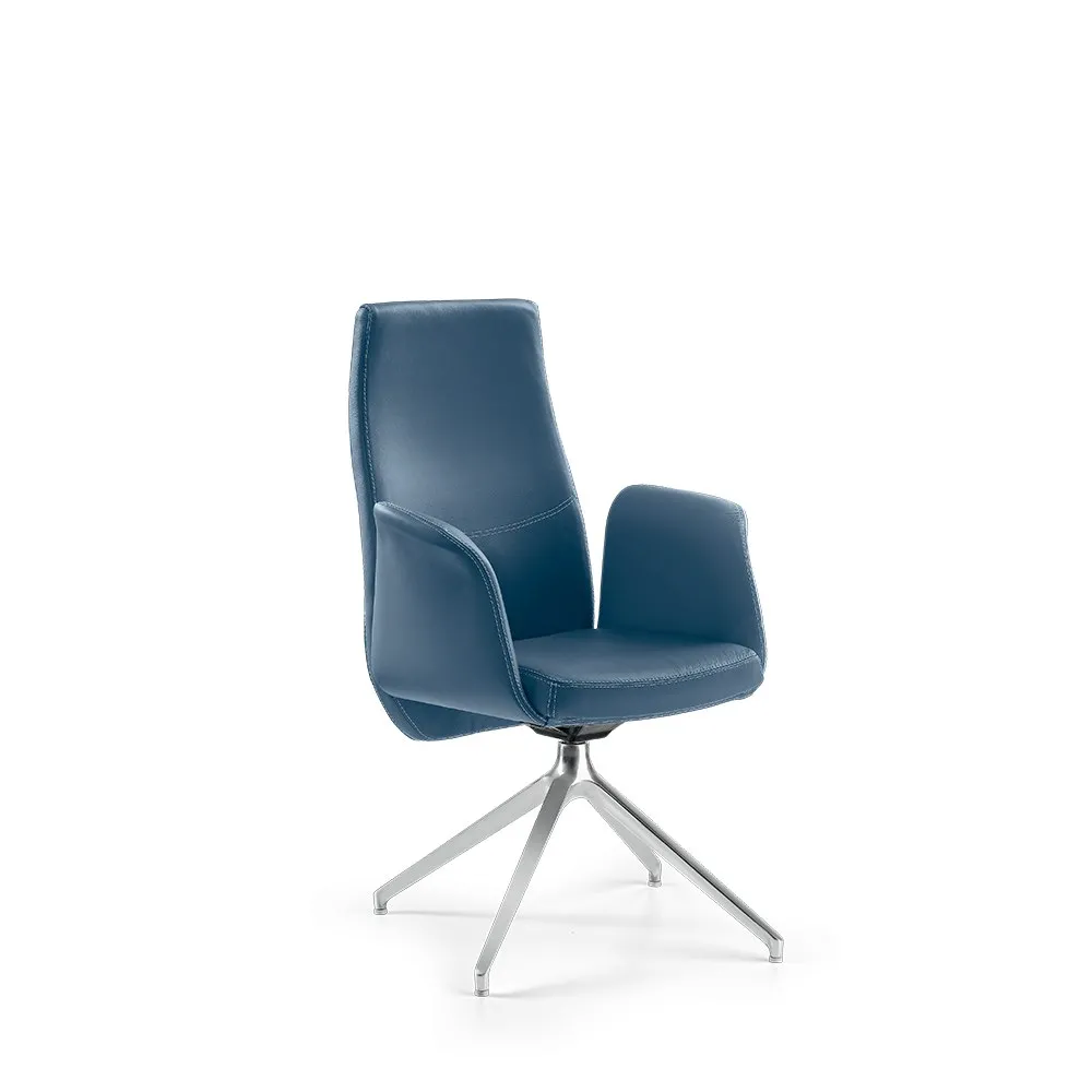 Poltrona visitatore Lady Compir in pelle blu su base a quattro razze