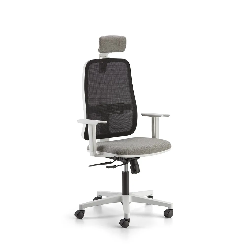 Sedia Fresh Compir con plastiche bianche, rete nera e sedile grigio