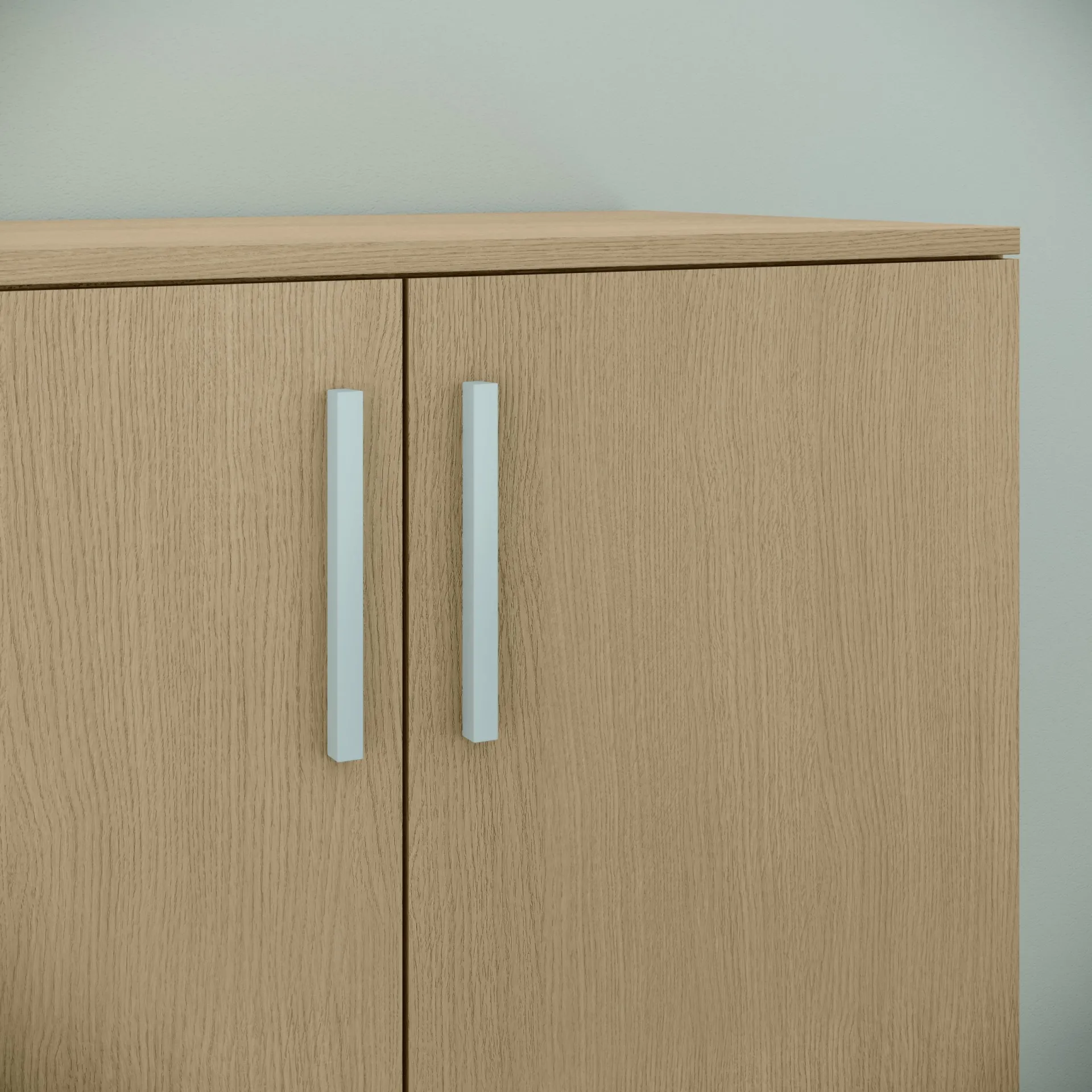 Dettaglio contenitore Stratos Compir in rovere con maniglie bianche