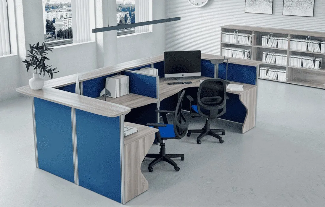 Bancone con pannelli Open Compir blu e piano in legno chiaro