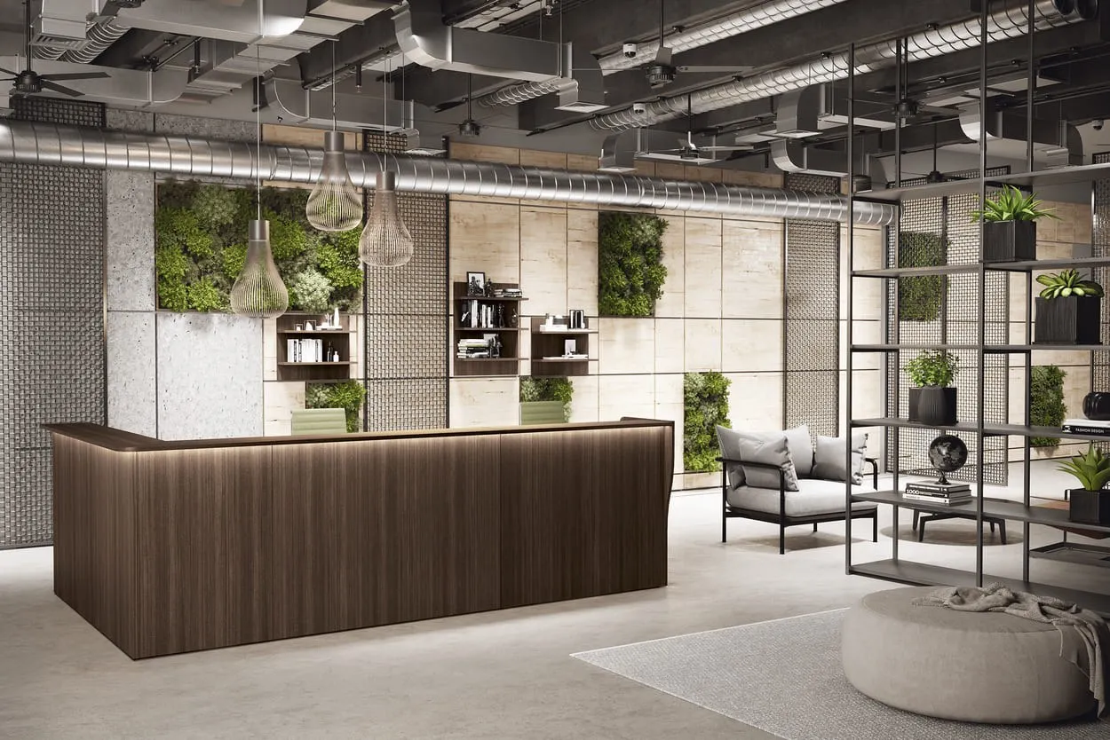 Bancone Front Office Compir in essenza scura con luce sotto l'alzata