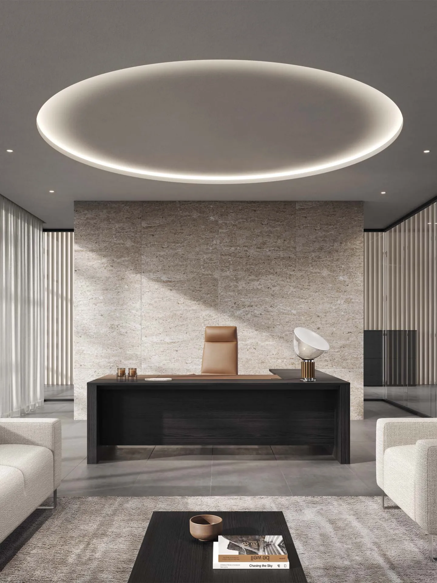 Scrivania Ono Frezza sotto un soffitto con luce circolare