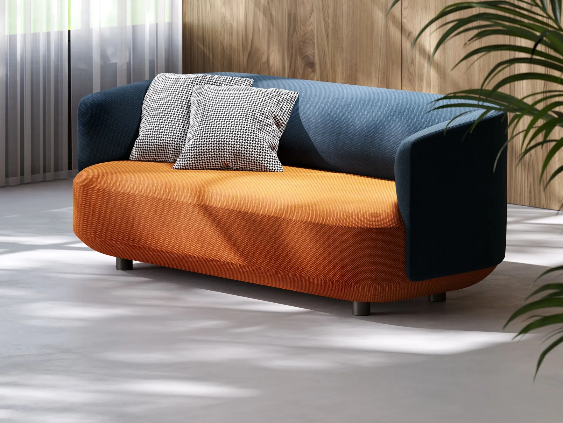 Divano modulare Afina Frezza con seduta arancio e schienale blu