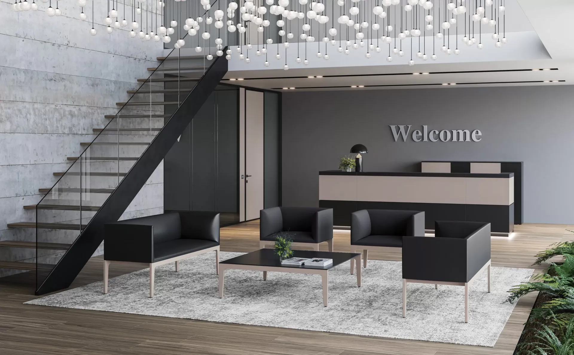 Divani Alplus Frezza neri in una reception con scala