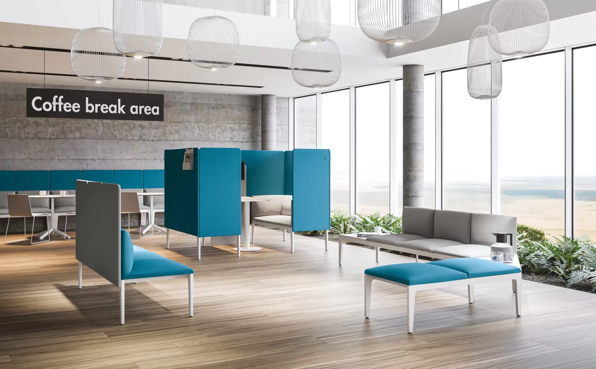Meeting pod Alplus Frezza azzurri in una coffee break area