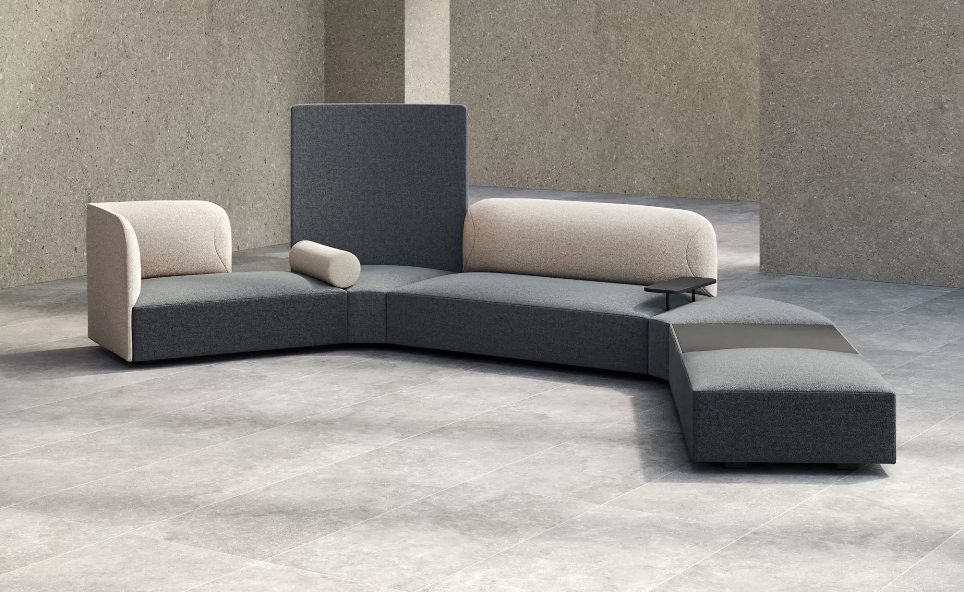 Divani modulari Alplus Lounge Frezza grigi con cuscini cilindrici