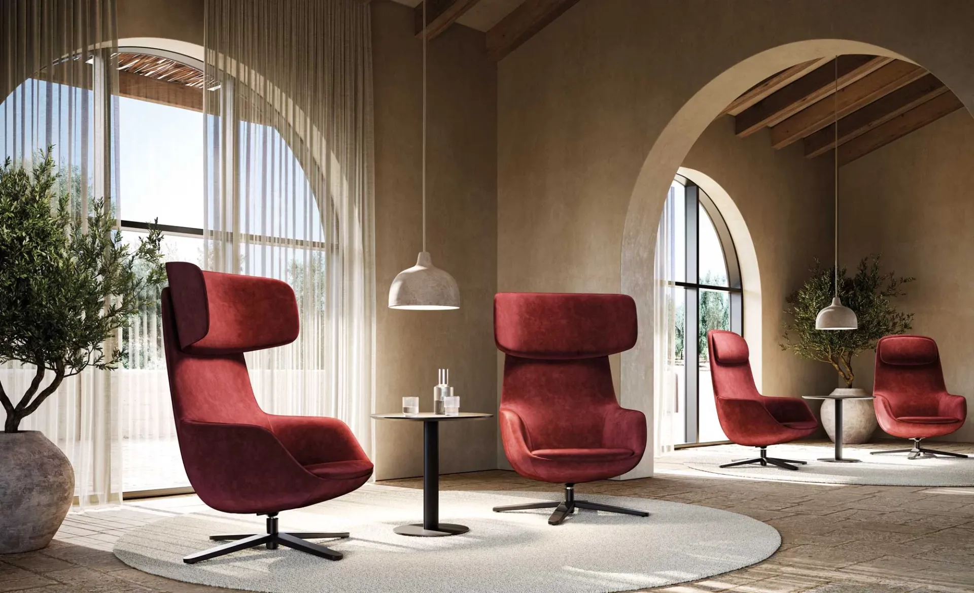 Poltrone Radar Lounge Frezza rosse in una sala con archi
