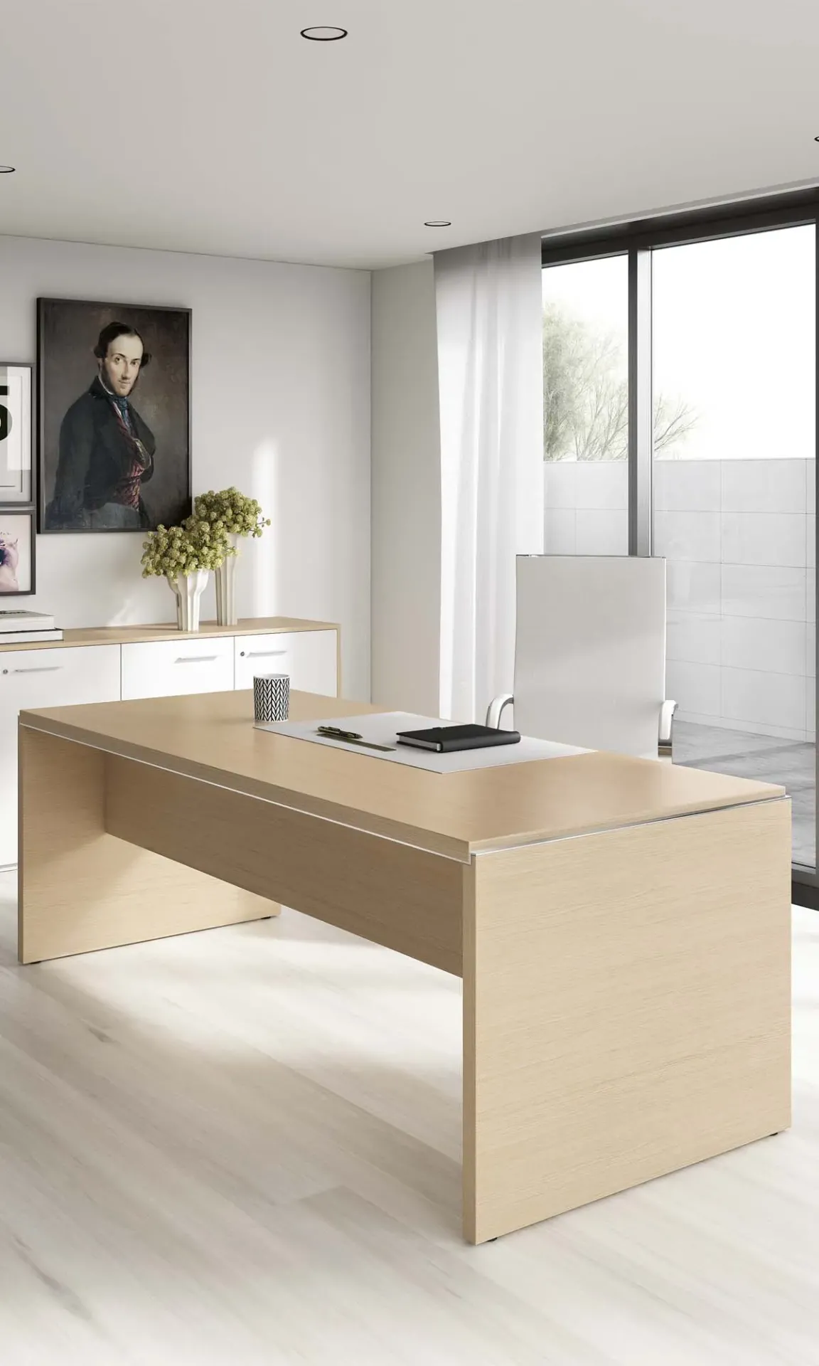 Scrivania Asset Frezza in legno chiaro vista di tre quarti