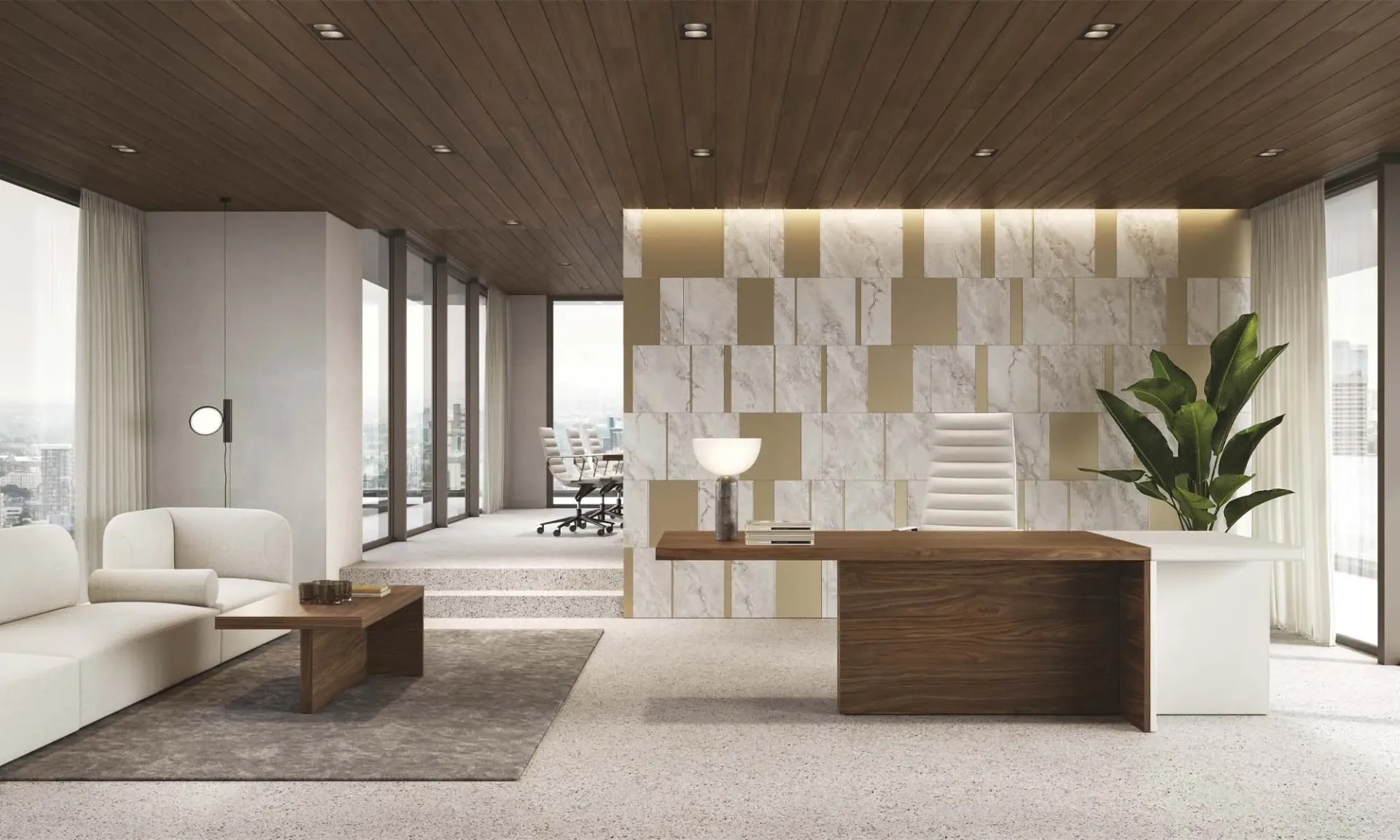 Scrivania presidenziale Mux70 Frezza in legno scuro con parete decorata e divano