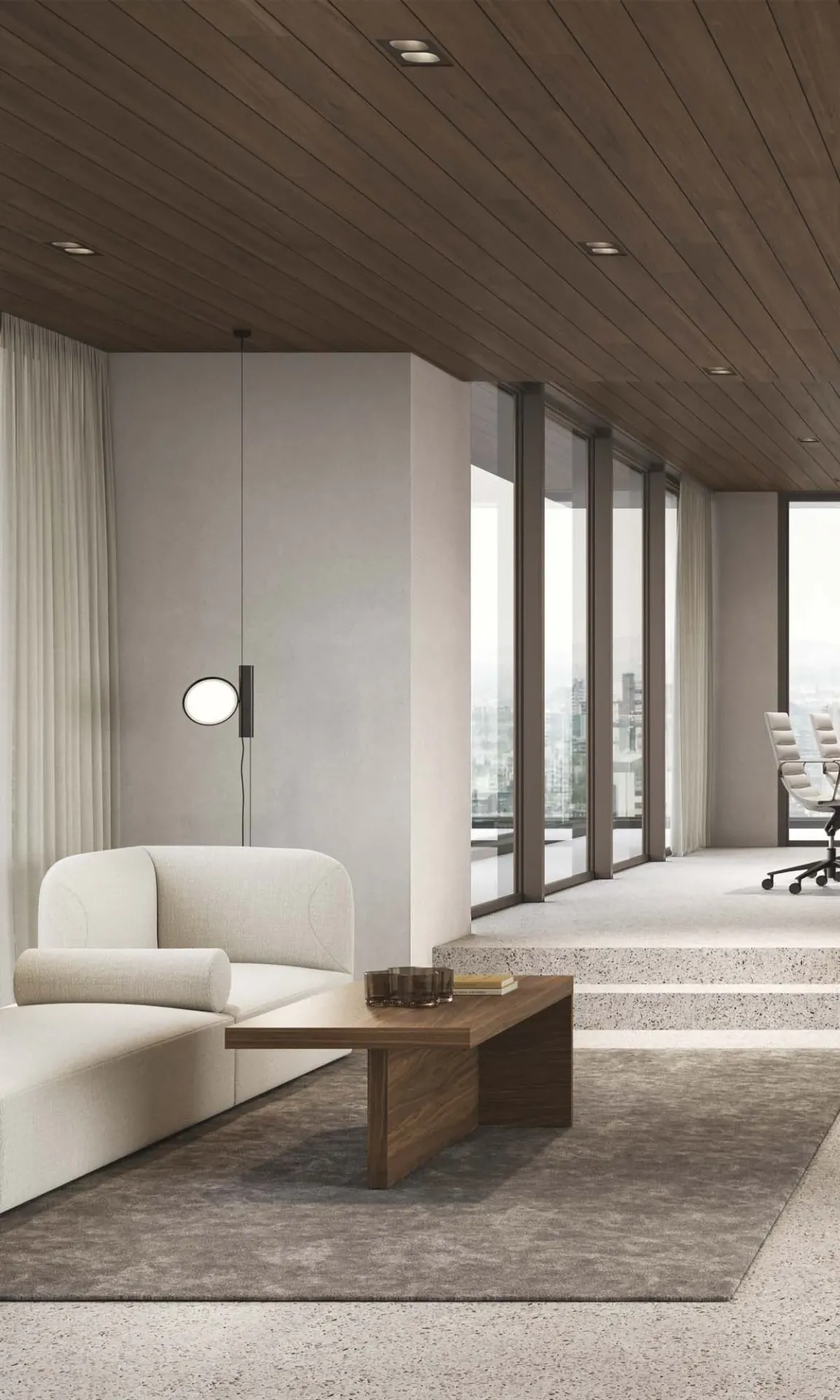 Tavolino Mux70 Frezza basso accanto a un divano in un ufficio con soffitto in legno