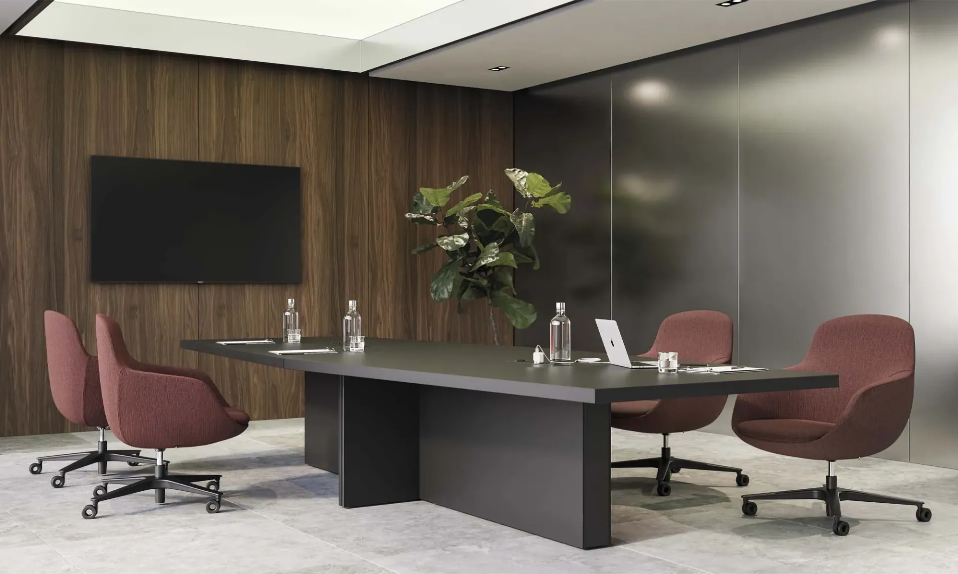 Tavolo riunione Mux70 Frezza scuro con poltroncine bordeaux e parete in legno