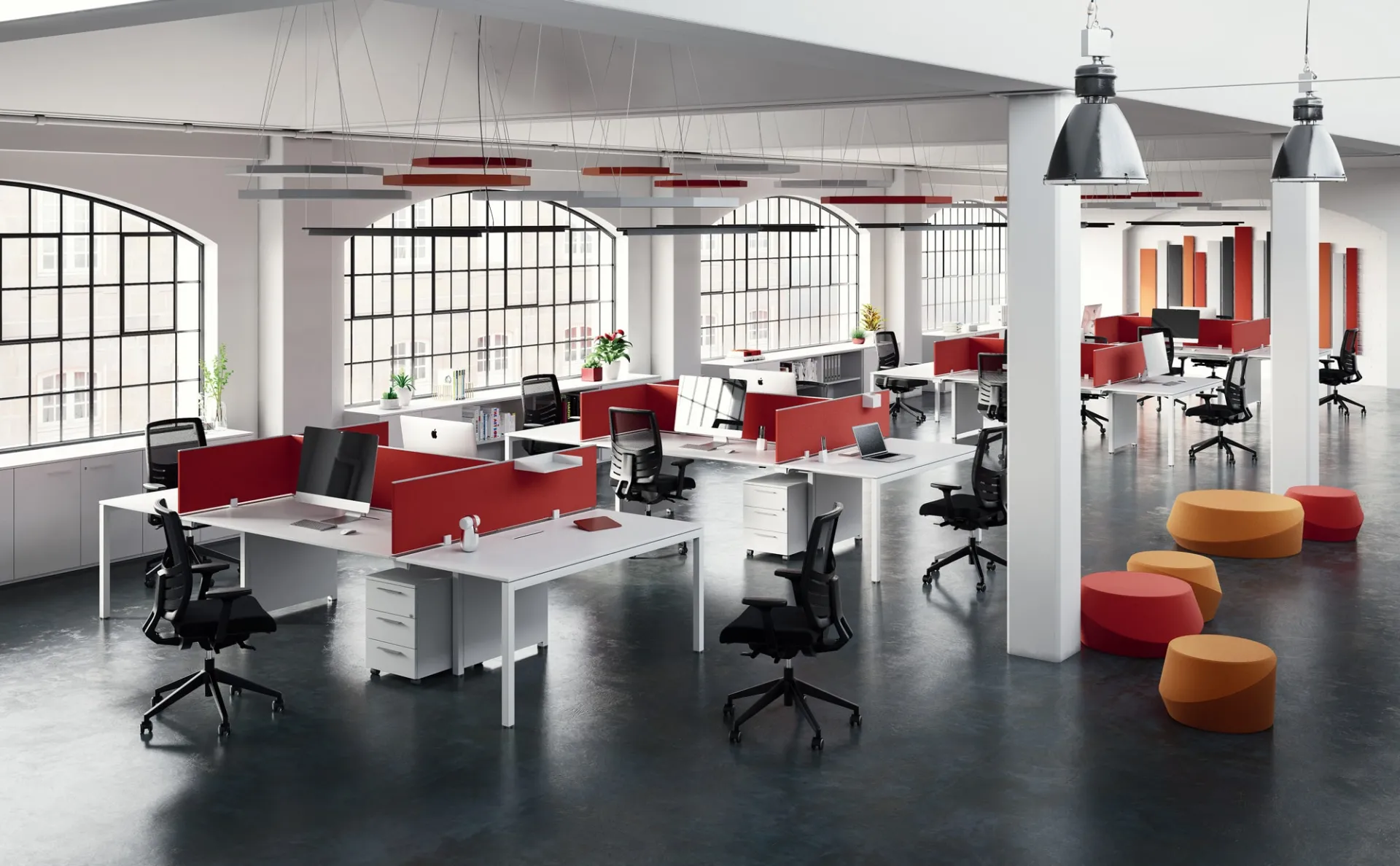 Bench Pop Easy Frezza con schermi rossi e pouf arancioni in un open space